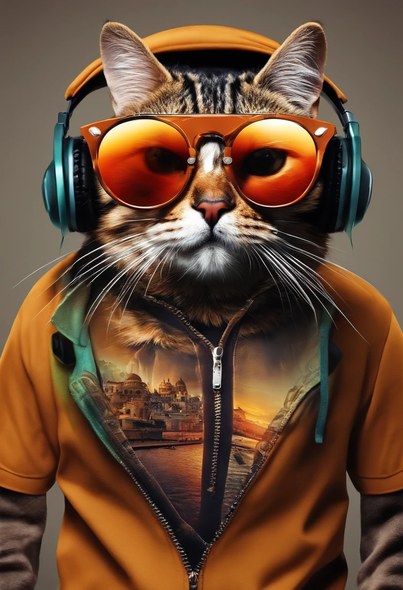 Gato com fone de ouvido, sunglasses, arte camiseta, vetor, 3D, vitral