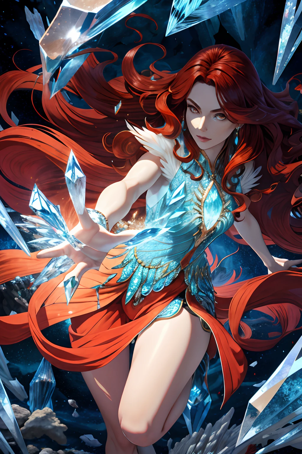 Please create a stunning image of a beautiful woman with green eyes and red hair atop a dragon. The woman should have an alluring and confident expression, with flowing red hair that cascades down her back. Her eyes should be captivating, a vivid shade of green that stands out against her complexion.

For the dragon, I envision a majestic creature with scales in various shades of deep greens and blues. Its body should be muscular and powerful, with large wings extended outward. The dragon should exude strength and grace, its head held high, and fiery breath emanating from its open jaws.

The woman should be positioned on the dragon's back, as if she is in complete harmony with the creature. Her attire can reflect a fantastical theme, with flowing fabrics and intricate details that complement the dragon's aesthetics. It would be wonderful to have her hand outstretched, as if she is in control of the dragon's movements.

To enhance the overall composition, please consider incorporating a backdrop that signifies an epic and immersive environment. It could be a vast, sweeping landscape with rolling hills, a starry night sky with other mythical creatures flying in the distance, or any other imaginative scene that complements the woman and the dragon.

Lighting-wise, I would prefer a mix of warm and cool tones to create a sense of depth and drama. Play with lighting effects to emphasize the contours and features of both the woman and the dragon, adding a touch of magic and wonder.