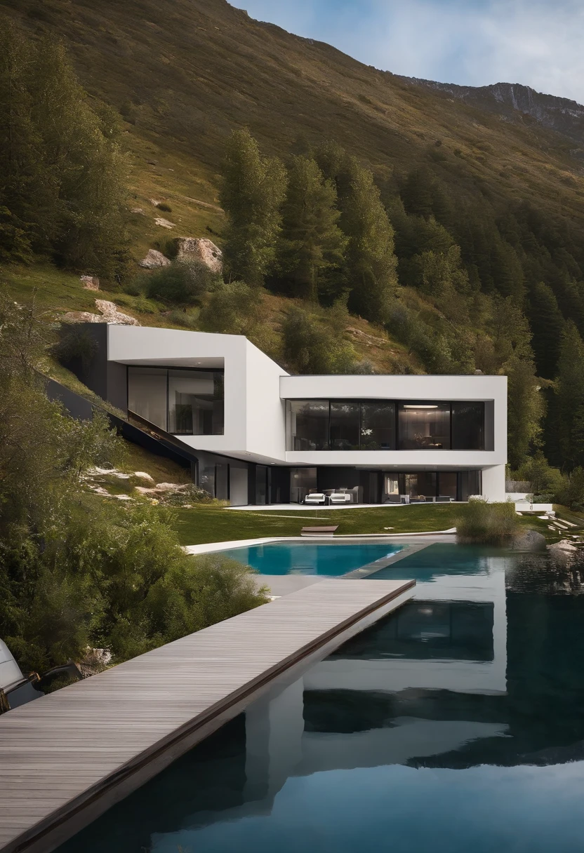 Une maison avec un sens de la technologie futuriste,3-storey building,Contre les montagnes,Face au lac,Immense piscine,Style architectural moderne, Photo hyperdétaillée,buliding,Complexe,Ombrage, HighDynamicRange,dinamic lighting, Fotorrealista, natural soft light, H faible, tmasterpiece, 8k detailed,There's a lot of detail,Oversized floor-to-ceiling glass,A combination of technology and natural environment,A un look super cool,