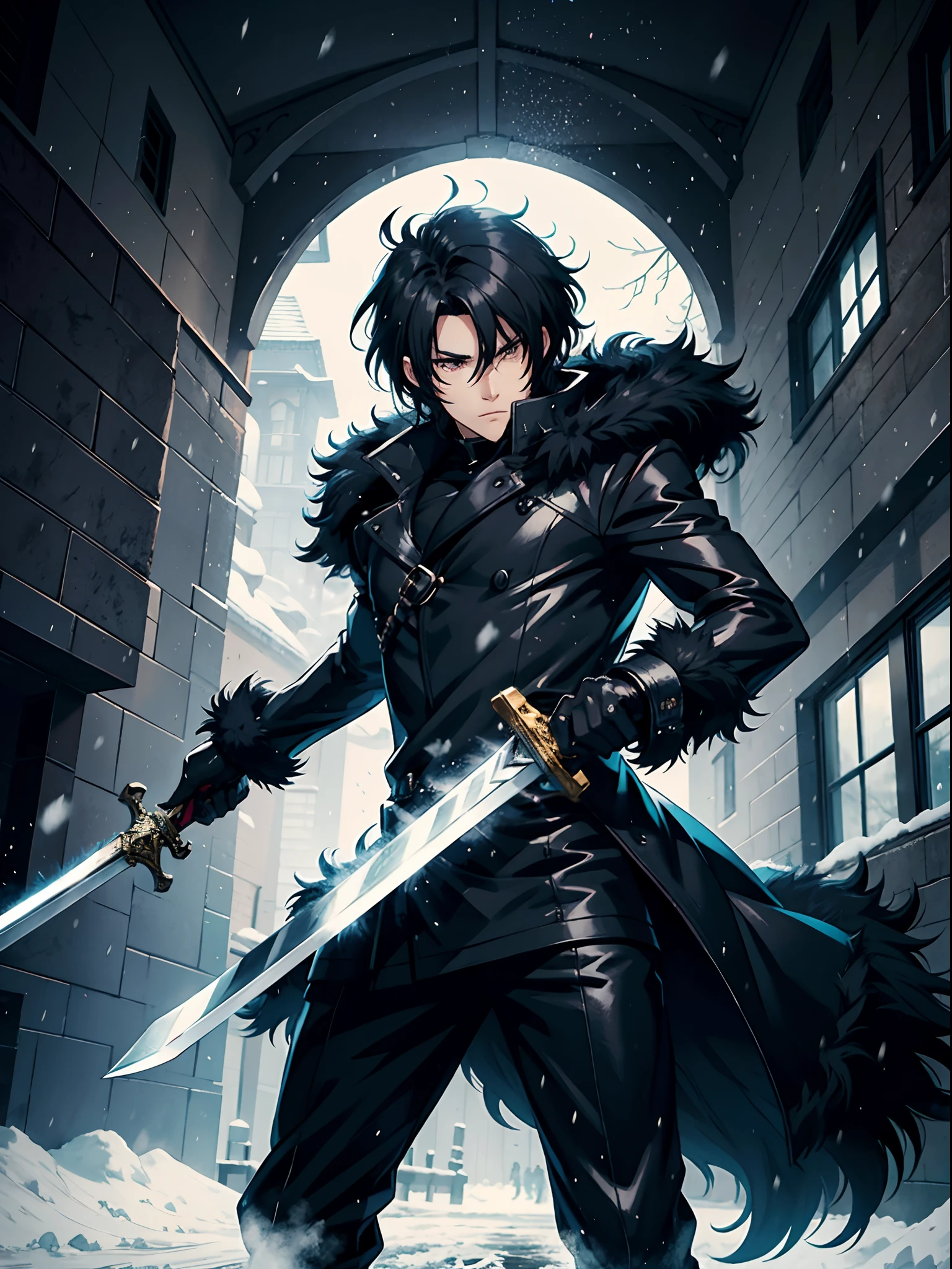 anime man, black shiny hair, black fluffy fur coat, intense snowfall, snowstorm, sword