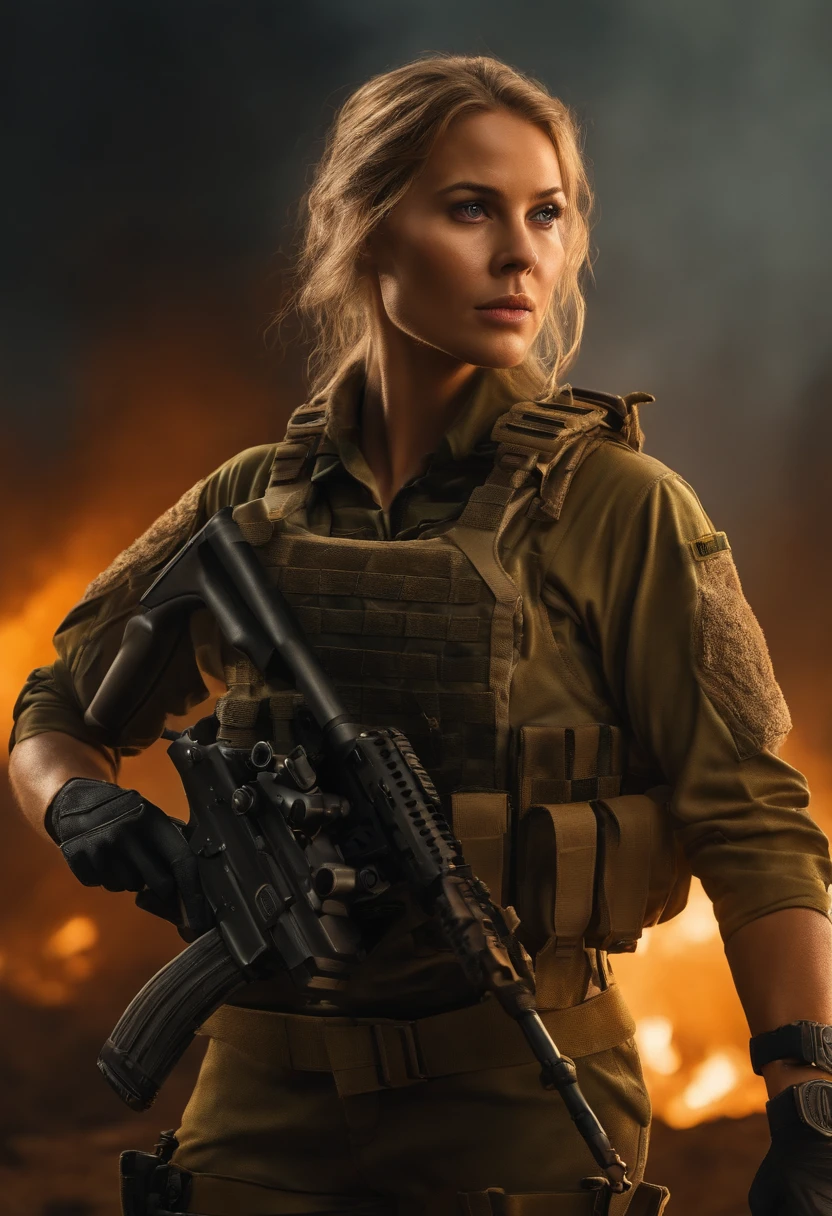 Cinematic Grave Raider, An ultra-detailed hyper-realistic photograph of a beautiful 25-year-old Tomb Raider woman looking at the viewer, Pistol in hand, (cheveux blond), yeux clairs, American Aesthetics, cheveux longs, Nuit, Sinueuse, Belles courbes, Army Aesthetics, T-shirt blanc, Focus on details, style Semi Impasto, peinture mate, atmospheric, rougeoyant, dramatic lighting, beaux yeux, eyes symmetrical, Des yeux parfaits, par Magali Villeneuve, wet, humide, reflection, (Masterpiece) ( Proportions parfaites) (Realistic photos) (Highest quality) (detail) photo prise par Canon EOS R5, Objectif 50mm, f/2.8, Hdr, (8k) (wallpaper) (movie lighting) (dramatic lighting) (mise au point nette) (complexe) mode, Special Forces, Capitaine, U.S. Army, , Au combat, Multicam, convenir, Camouflaged, Multicam, American Patter, peau couverte, Special Forces, combat zone, Team Leader, Capitaine, U.S. Army, officier, Special Forces, Green Berets, explosions, battle damage, Manutentionnaire K-9, Manutentionnaire allemand Shephard,