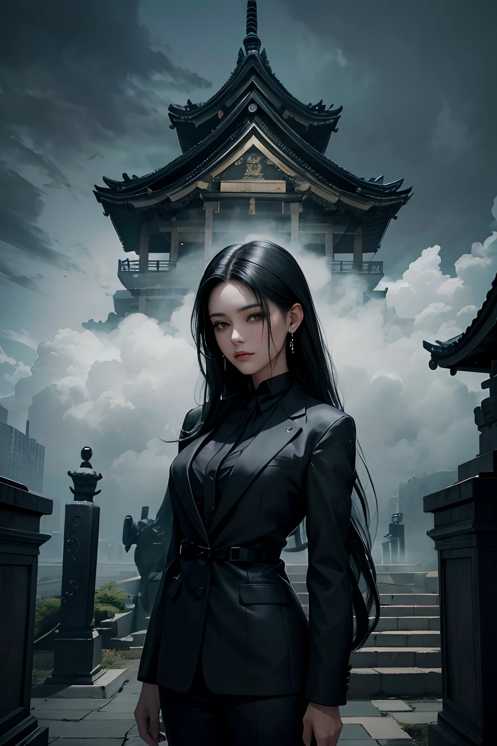 A beautiful woman. Black hair, shoulder length. Detailed depiction of the face. Around mid-twenties. She is wearing a black business suit. She is inside the shrine grounds. Fog hangs inside the temple grounds, creating an eerie atmosphere. A masterpiece. 8K image quality.