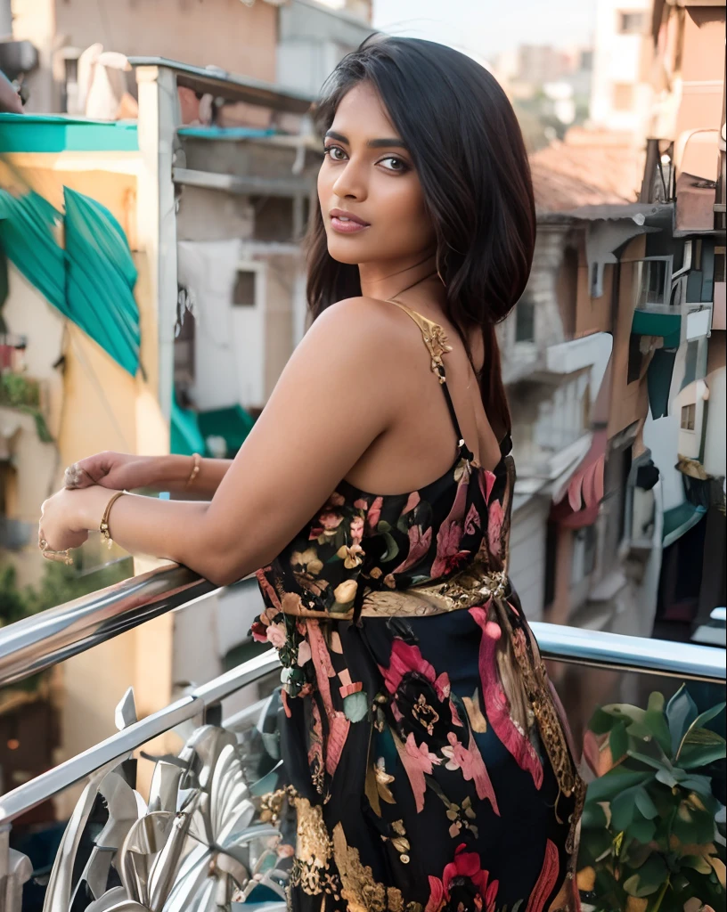 Indian female model in a black dress standing on a balcony with a city view, shot on sony a 7, shot on nikon z9, shot with premium dslr camera, shot on canon eos r5, shot on canon eos r 5, casual photography, candid photography, shot in canon 50mm f/1.2, with beautiful colors