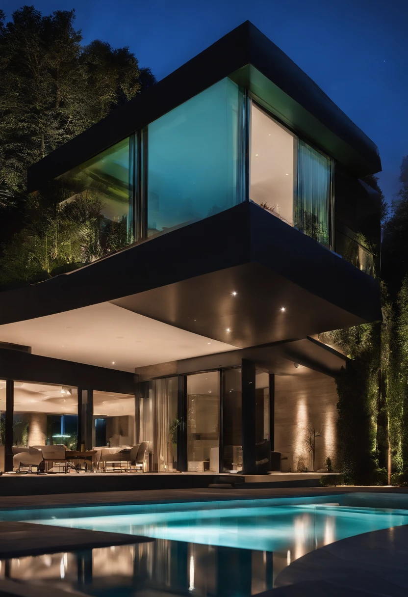 Une villa avec un sens de la technologie futuriste，Face au lac，Immense piscine，Style architectural moderne， Photo hyperdétaillée，buliding，complexe，ombrage, HighDynamicRange，dinamic lighting, Fotorrealista, natural soft light, H faible, tmasterpiece, 8k detailed，There's a lot of detail，Oversized floor-to-ceiling glass，A combination of technology and natural environment，A un look super cool，