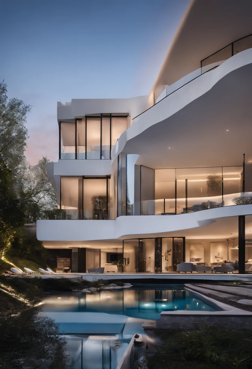 Une villa avec un sens de la technologie futuriste,Face au lac,Immense piscine,Style architectural moderne, Photo hyperdétaillée,buliding,complexe,ombrage, HighDynamicRange,dinamic lighting, Fotorrealista, natural soft light, H faible, tmasterpiece, 8k detailed,There's a lot of detail,Oversized floor-to-ceiling glass,A combination of technology and natural environment,A un look super cool,