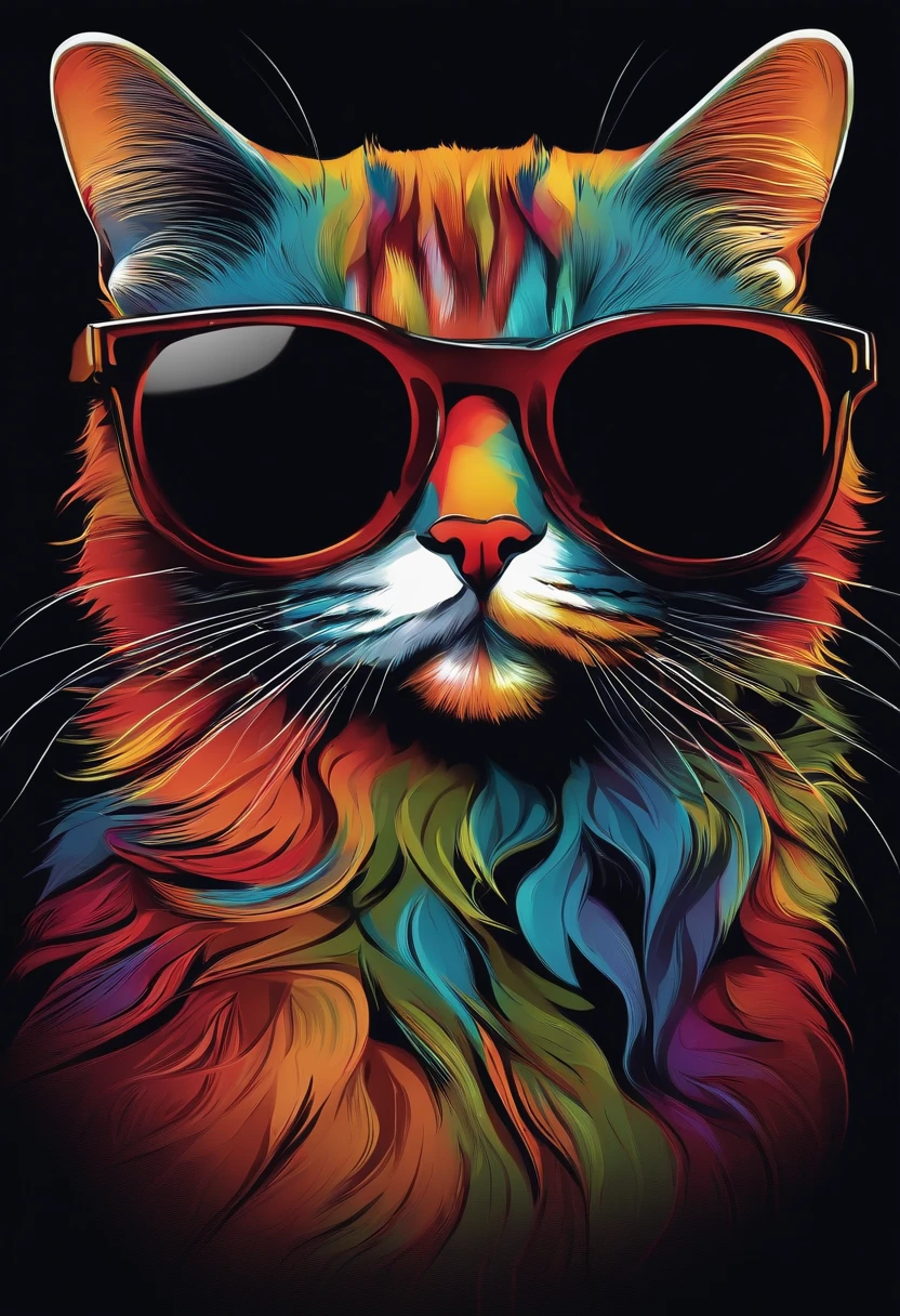 Gato com fone de ouvido, glasses with tinted glasses, arte camiseta, vetor, 3D, fundo preto, tecnologia
