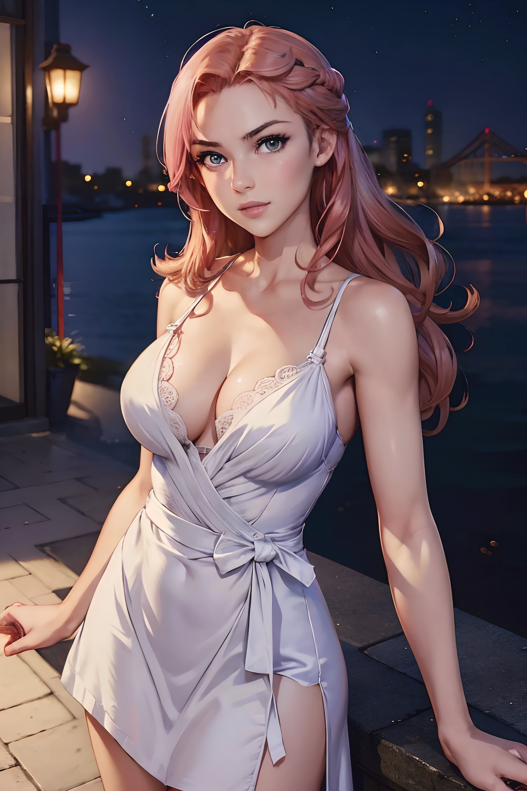 Karin Kanzuki from street fighter alpha 3 in white dress, city, night, anime style, 8k, intricated details, masterpiece