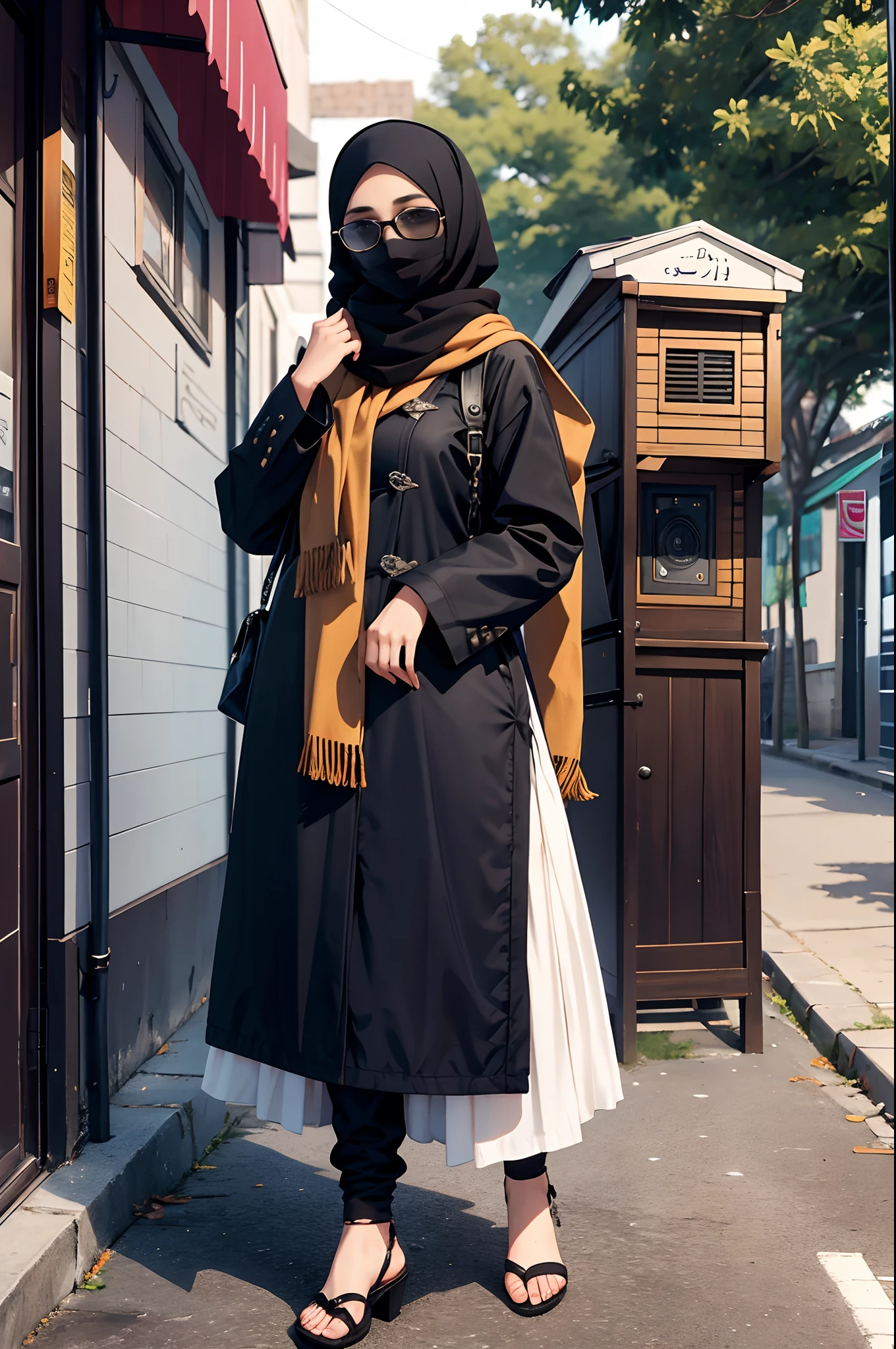 Arafed girl with hijab i a scarf and sunglasses standing in front of a coat rack, very beautiful girl, with precise face, Khyzyl Saleem, she is about 1 , Faridah Malik, with kind face, Riyahd Cassiem, Image of very very very low quality, Cute beautiful, Young Himalayan woman, Beautiful face, Detailed image, full body, brunette, Niqab
