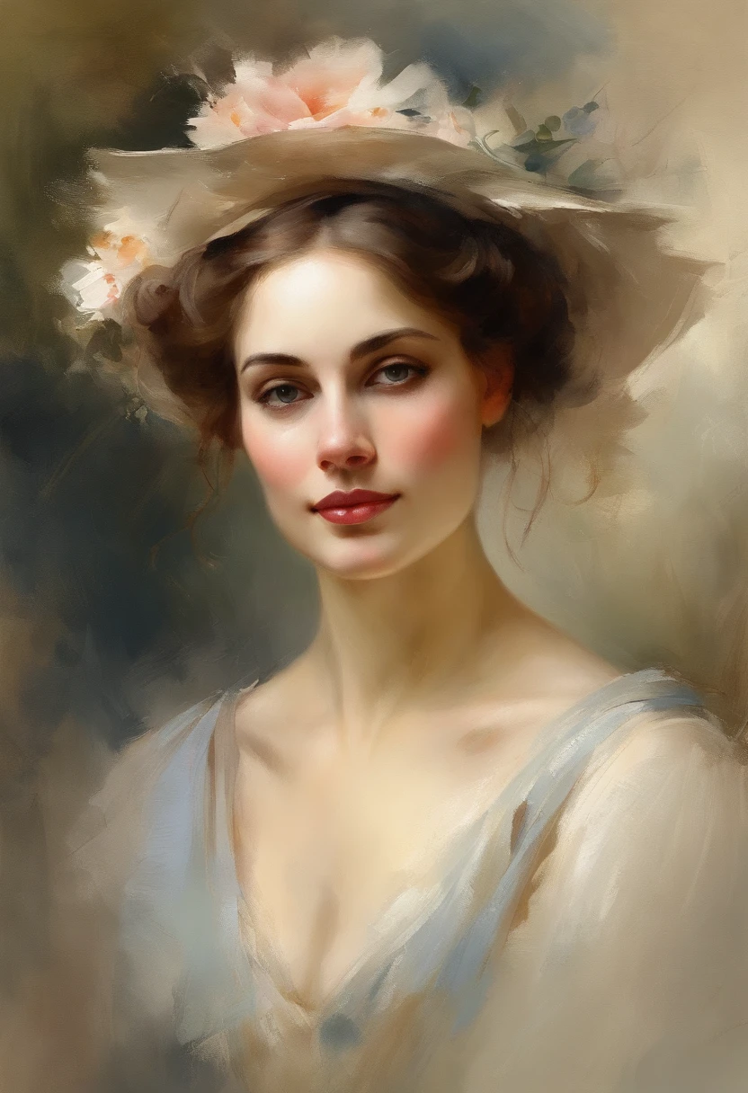 (best quality,highres,realistic:1.37),a portrait of a 25 year old woman,John Singer Sargent style, with vibrant brush strokes, soft lighting, and intricate details, capturing her natural beauty and elegance, elaborately rendered facial features, such as captivating eyes, delicate nose, and expressive lips, showcasing her graceful allure, dressed in a timeless attire, exuding sophistication and refinement, set against a dreamy background of muted tones and dappled sunlight, evoking a sense of nostalgia and tranquility, with a hint of mystery and allure in her captivating gaze.