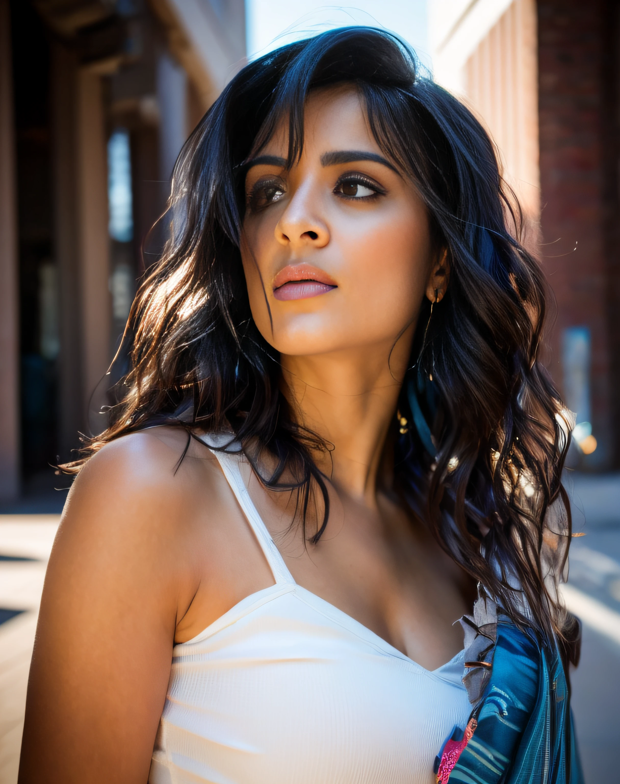 araffed woman in a blue dress with a scarf around her neck, photoshoot, beautiful look, mixed art, siya oum, innocent look, stylish pose, captured on canon eos r 6, beautiful cute, with lovely look, beautiful, gorgeous lady, print ready, pretty face!!, with a cool pose, shot from movie, beautifull, actress, ((film grain, skin details, high detailed skin texture, 8k hdr, dslr)), photography taken by sony DSLR, Hd image
