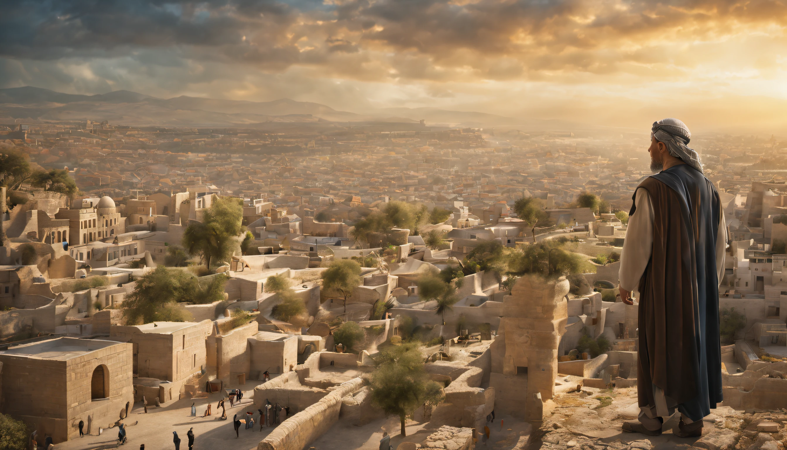 Biblical City Israel, a male prophet Jacob, around several people, surreal, photorealistic, 8k, super detailed, perfect.