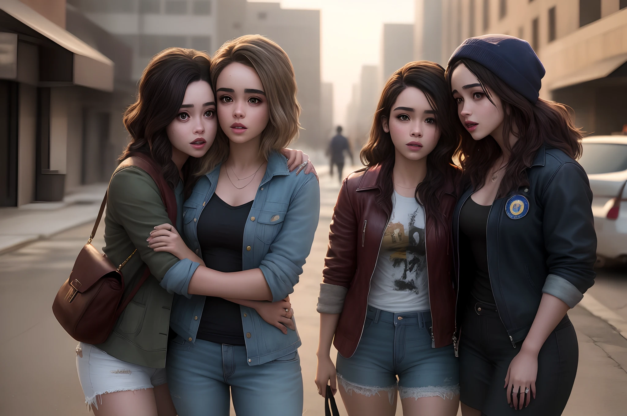 Ultra realistic: Jenna Ortega in casual clothes hugging Ana De Armas(who is wearing a FBI outfit) post apocalyptic world of zombies.