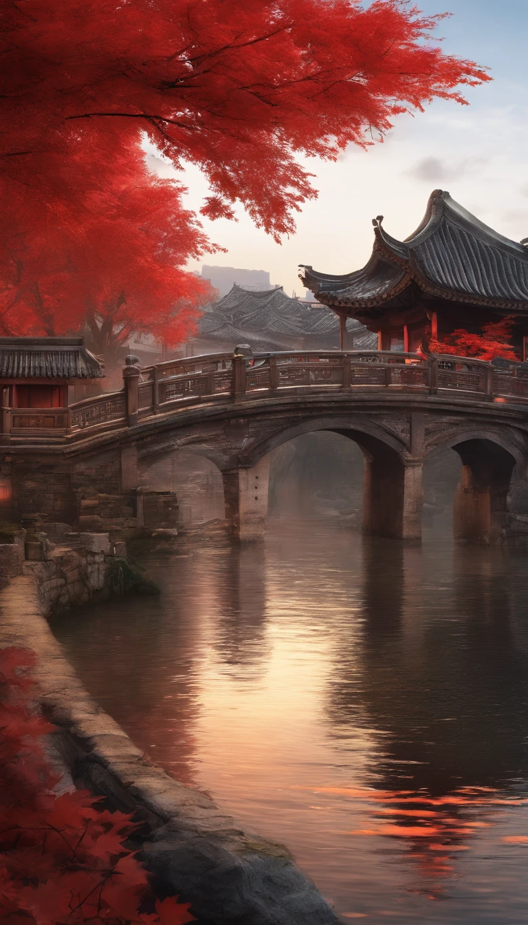 Fiery red maple leaves do foreground,Jiangnan Ancient Town,small bridge flowing water,Autumn night view,8K high-definition,a warm color palette,The moon hangs high,full of lights