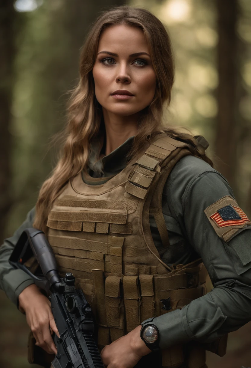 Cinematic Grave Raider, An ultra-detailed hyper-realistic photograph of a beautiful 25-year-old Tomb Raider woman looking at the viewer, face cam, Pistol in hand, (cheveux blond), yeux clairs, American Aesthetics, cheveux longs, Nuit, Sinueuse, Belles courbes, Army Aesthetics, T-shirt blanc, Focus on details, style Semi Impasto, peinture mate, atmospheric, rougeoyant, dramatic lighting, beaux yeux, eyes symmetrical, Des yeux parfaits, par Magali Villeneuve, wet, humide, reflection, (Masterpiece) ( Proportions parfaites) (Realistic photos) (Highest quality) (detail) photo prise par Canon EOS R5, Objectif 50mm, f/2.8, Hdr, (8k) (wallpaper) (movie lighting) (dramatic lighting) (mise au point nette) (complexe) mode, Special Forces, Capitaine, U.S. Army, , Au combat, Multicam, convenir, Camouflaged, Multicam, American Patter, peau couverte, Special Forces, combat zone, Team Leader, Capitaine, U.S. Army, officier, Special Forces, Green Berets, explosions, battle damage, Manutentionnaire K-9, Manutentionnaire allemand Shephard,