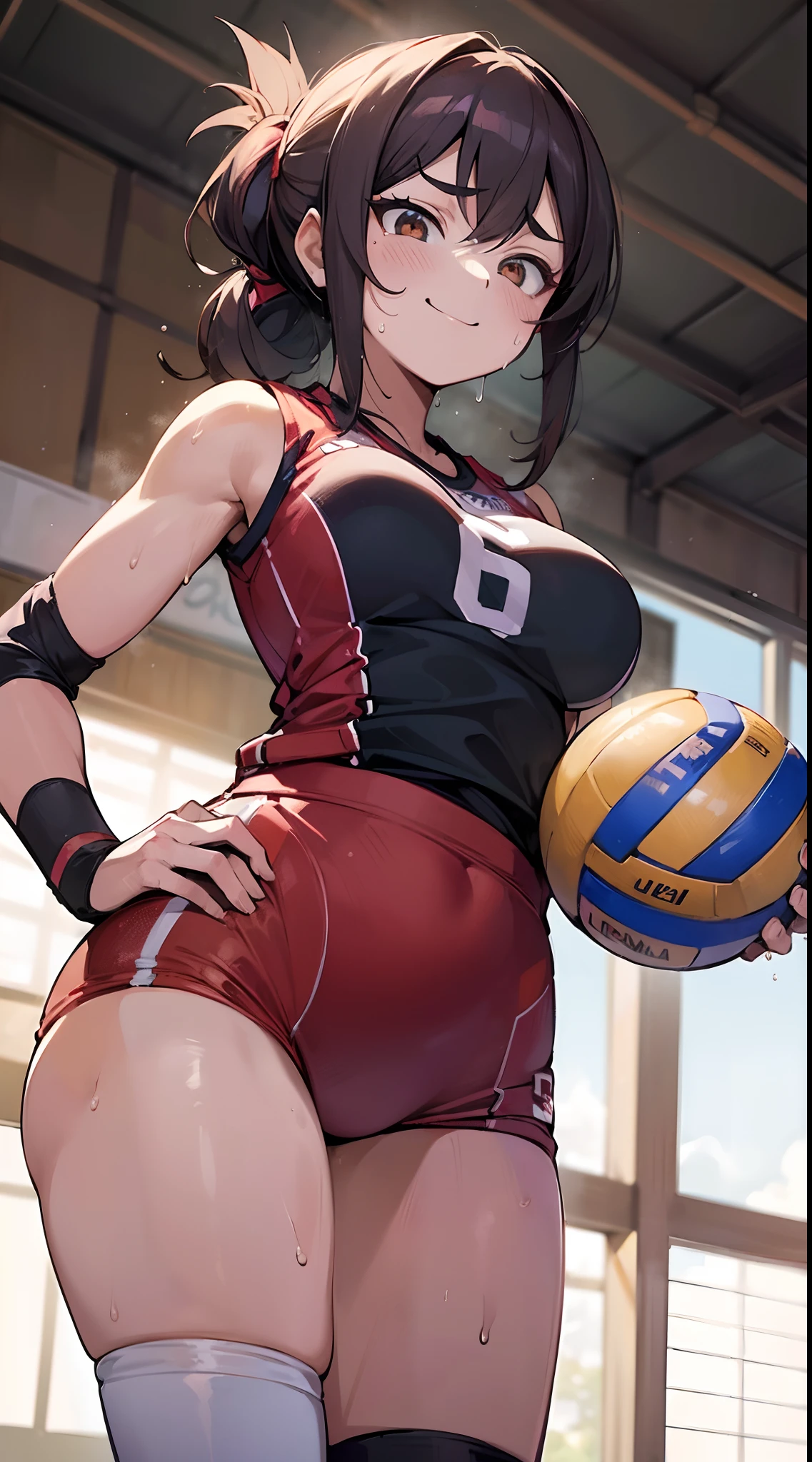 (((masterpiece))), (((Best Quality))), (((Ultra Detail Art))), (((hight resolution))), ((superfine illustration)), ((Ultimate cutie)), Detailed beautiful face, Shiny hair, (gyaru), ((medium breasts)), ((potbelly)), (((Solo))), (((female volleyball player))), ((Evil smile)), ((Smirk)), (blush), 
 BREAK, (((Holds beautiful spherical 6-inch volleyballs))), hand on hip, 
BREAK, (((Buruma))), (Volleyball Uniforms), Sleeveless Volleyball Uniforms, (Kneepads), (elbow pad), (Bare hands), ((Sweat)), ((Covered in sweat)), (Breathless), on valleyball court, in gymnasium, Lighting, from below, Look at viewers