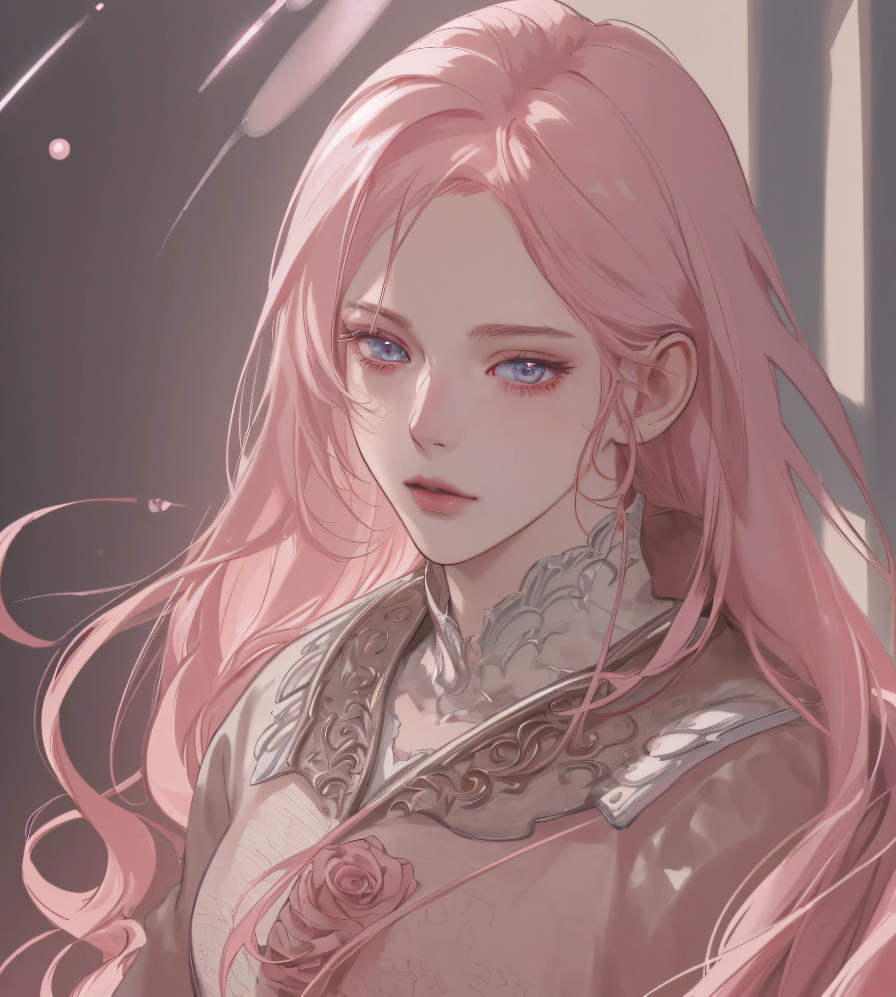 ((Retina)), masterpiece, anatomically correct, textured skin, long pale rose hair, super detail, high details, high quality, best quality, highres, 4K, (Detailed Lights, Detailed Shadows), 1Man, pearl color, anime stile