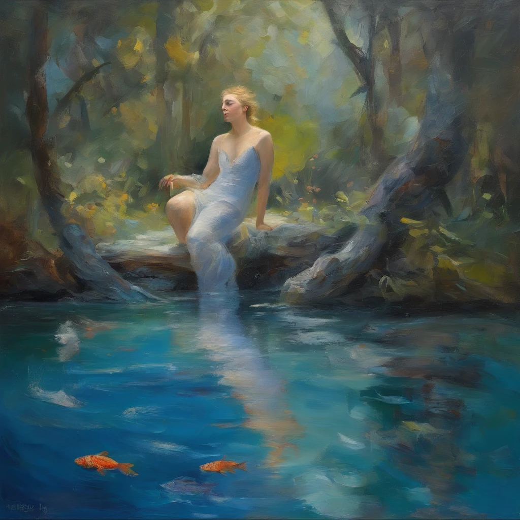 8 k young woman, with blue skin , dives into a pool inside an aquarium that is located in a forest, her body is blue, her eyes are lilac and her hair is straight and not abundant, curly in silver color she is in a deep dive in an atmosphere of light between the trees and the fish in the aquarium