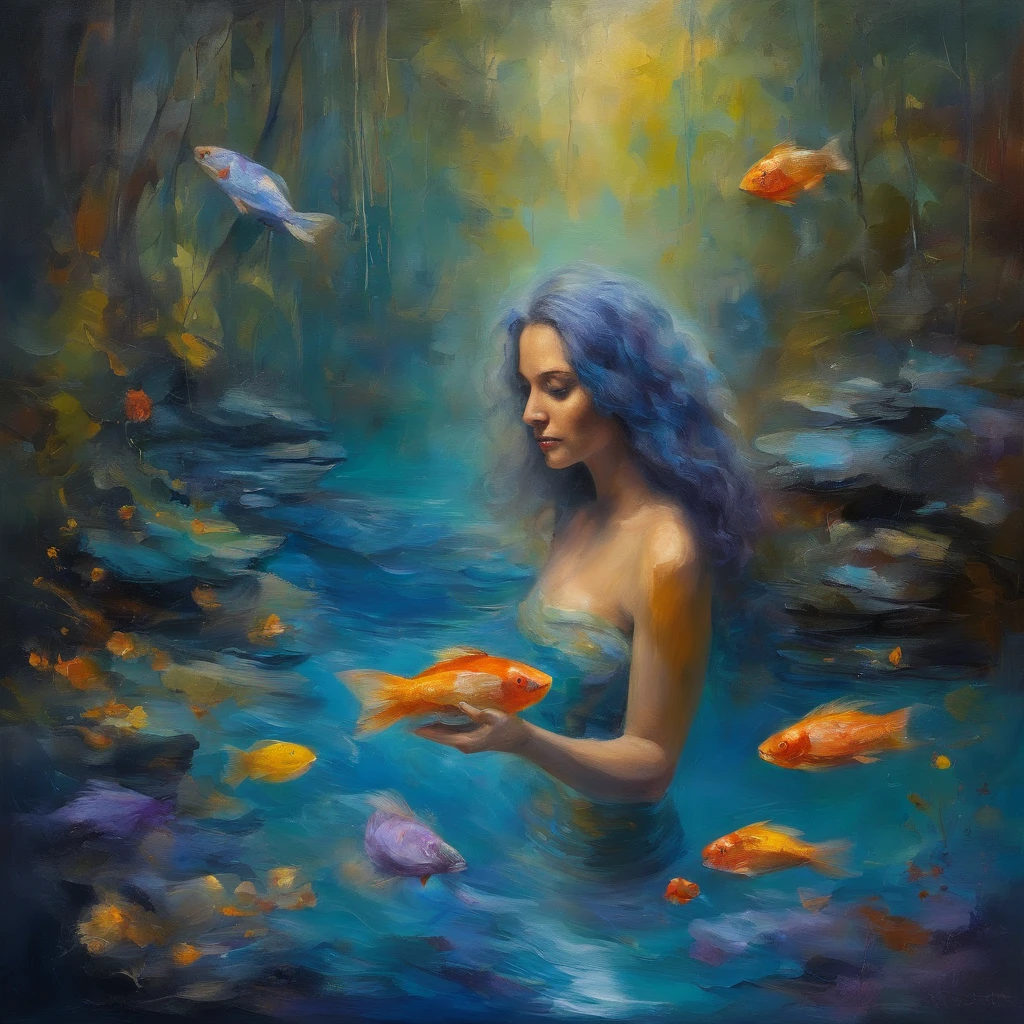 8 k young woman, with blue skin , dives into a pool inside an aquarium that is located in a forest, her body is blue, her eyes are lilac and her hair is straight and not abundant, curly in silver color she is in a deep dive in an atmosphere of light between the trees and the fish in the aquarium