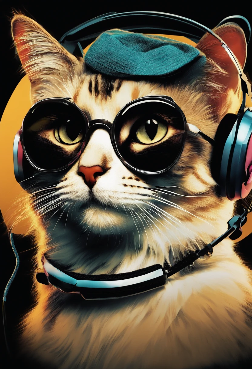 (Cat with headset and glasses with dark lenses), arte camiseta, vetor, 3D, vintage