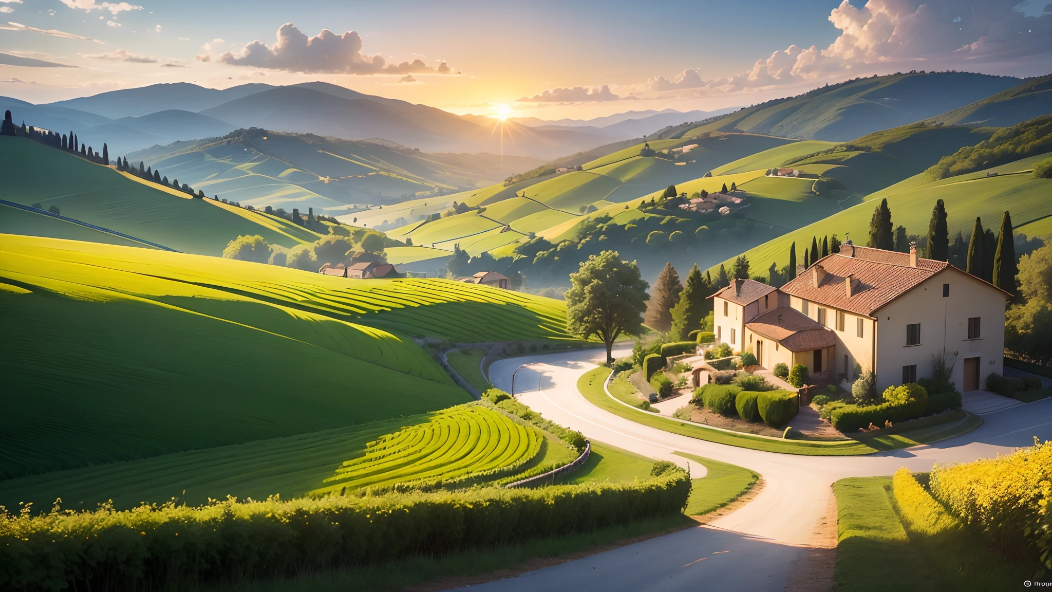 a beautiful sunset over the rolling hills of Tuscany,a picturesque Italian countryside scene,with vibrant green vineyards and olive groves stretching into the distance,warm golden sunlight illuminating the landscape and casting long shadows,on a clear summer evening,with a rustic stone farmhouse nestled among the fields,its terracotta roof tiles gleaming in the last rays of sunlight,a quaint village in the distance,a winding cypress-lined road leading towards it,inviting viewers to follow its path,a peaceful atmosphere,with the sound of chirping birds and gentle breeze filling the air,the colors of the scene are rich and vivid,with deep greens, golden yellows, and warm earth tones dominating the palette,the lighting is soft and diffused,emphasizing the tranquility of the setting,the overall image quality is of the highest standard,with intricate details that capture the essence of the Italian countryside,showcasing the beauty and charm of this iconic landscape.
