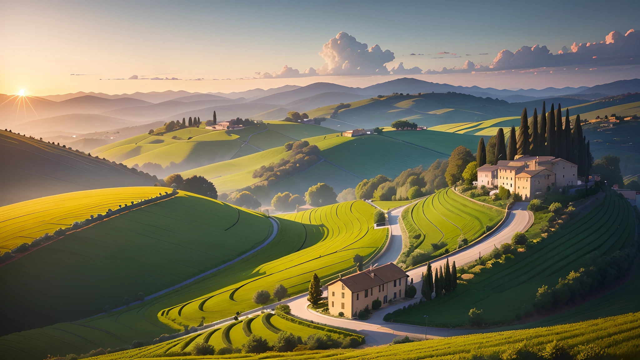 a beautiful sunset over the rolling hills of Tuscany,a picturesque Italian countryside scene,with vibrant green vineyards and olive groves stretching into the distance,warm golden sunlight illuminating the landscape and casting long shadows,on a clear summer evening,with a rustic stone farmhouse nestled among the fields,its terracotta roof tiles gleaming in the last rays of sunlight,a quaint village in the distance,a winding cypress-lined road leading towards it,inviting viewers to follow its path,a peaceful atmosphere,with the sound of chirping birds and gentle breeze filling the air,the colors of the scene are rich and vivid,with deep greens, golden yellows, and warm earth tones dominating the palette,the lighting is soft and diffused,emphasizing the tranquility of the setting,the overall image quality is of the highest standard,with intricate details that capture the essence of the Italian countryside,showcasing the beauty and charm of this iconic landscape.
