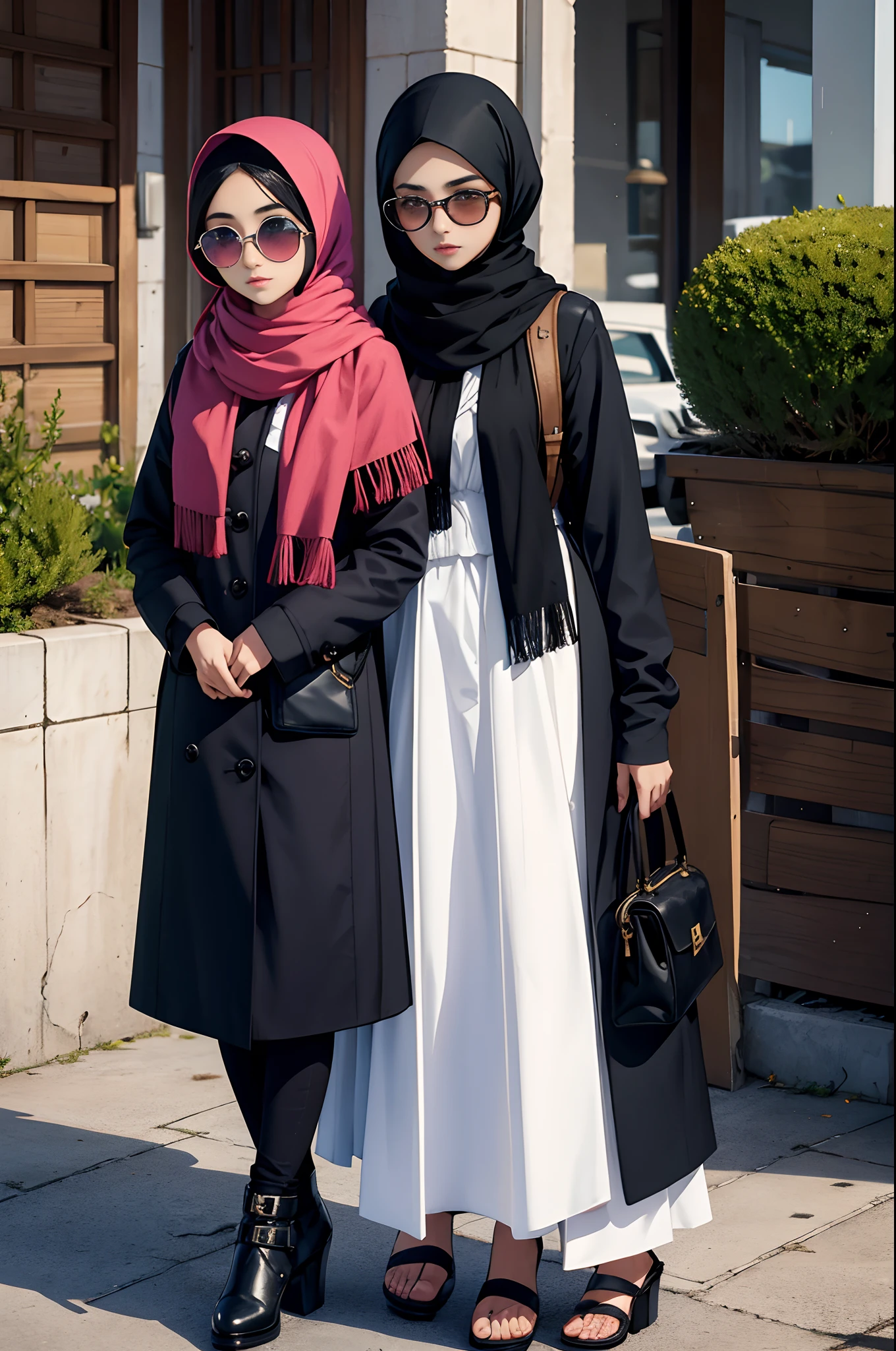 Please make me a photo of a very beautiful 2 woman in a light blue hijab, cute face, standing facing the viewer wearing a modern trend navy robe with intricate embroidery, ((whole body)), wearing ripped black jeans wearing black Vans shoes with an outdoor background around green trees with a clear sky
