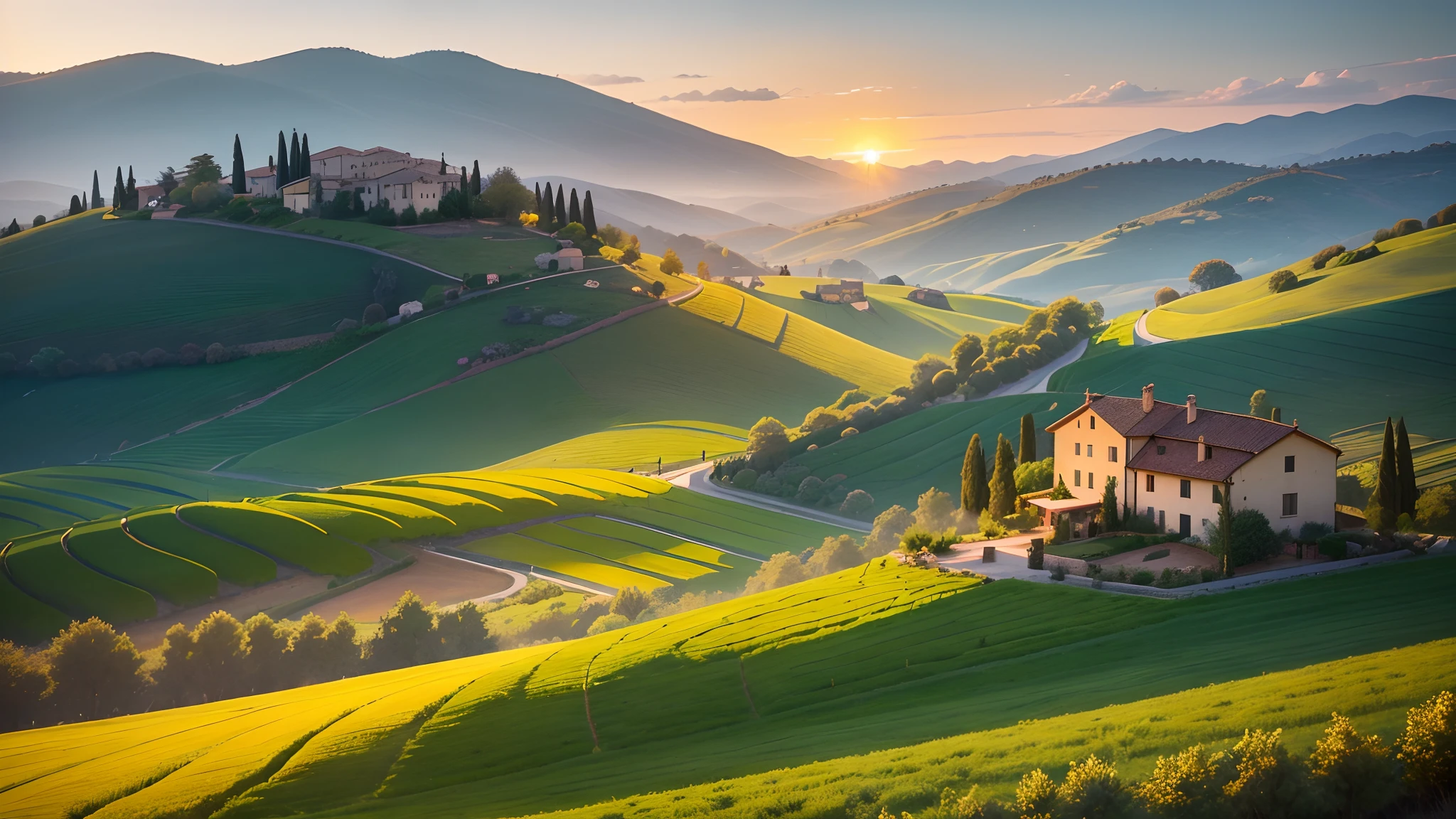 a beautiful sunset over the rolling hills of Tuscany,a picturesque Italian countryside scene,with vibrant green vineyards and olive groves stretching into the distance,warm golden sunlight illuminating the landscape and casting long shadows,on a clear summer evening,with a rustic stone farmhouse nestled among the fields,its terracotta roof tiles gleaming in the last rays of sunlight,a quaint village in the distance,a winding cypress-lined road leading towards it,inviting viewers to follow its path,a peaceful atmosphere,with the sound of chirping birds and gentle breeze filling the air,the colors of the scene are rich and vivid,with deep greens, golden yellows, and warm earth tones dominating the palette,the lighting is soft and diffused,emphasizing the tranquility of the setting,the overall image quality is of the highest standard,with intricate details that capture the essence of the Italian countryside,showcasing the beauty and charm of this iconic landscape.