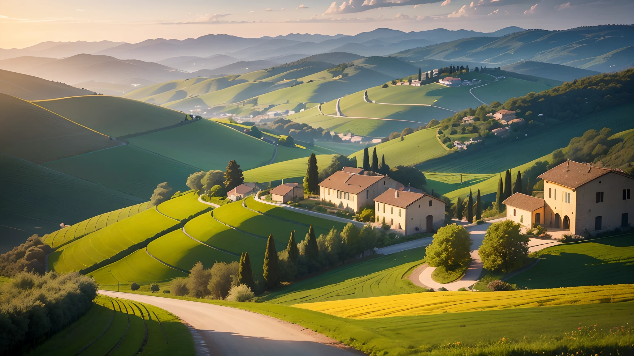 a beautiful sunset over the rolling hills of Tuscany,a picturesque Italian countryside scene,with vibrant green vineyards and olive groves stretching into the distance,warm golden sunlight illuminating the landscape and casting long shadows,on a clear summer evening,with a rustic stone farmhouse nestled among the fields,its terracotta roof tiles gleaming in the last rays of sunlight,a quaint village in the distance,a winding cypress-lined road leading towards it,inviting viewers to follow its path,a peaceful atmosphere,with the sound of chirping birds and gentle breeze filling the air,the colors of the scene are rich and vivid,with deep greens, golden yellows, and warm earth tones dominating the palette,the lighting is soft and diffused,emphasizing the tranquility of the setting,the overall image quality is of the highest standard,with intricate details that capture the essence of the Italian countryside,showcasing the beauty and charm of this iconic landscape.