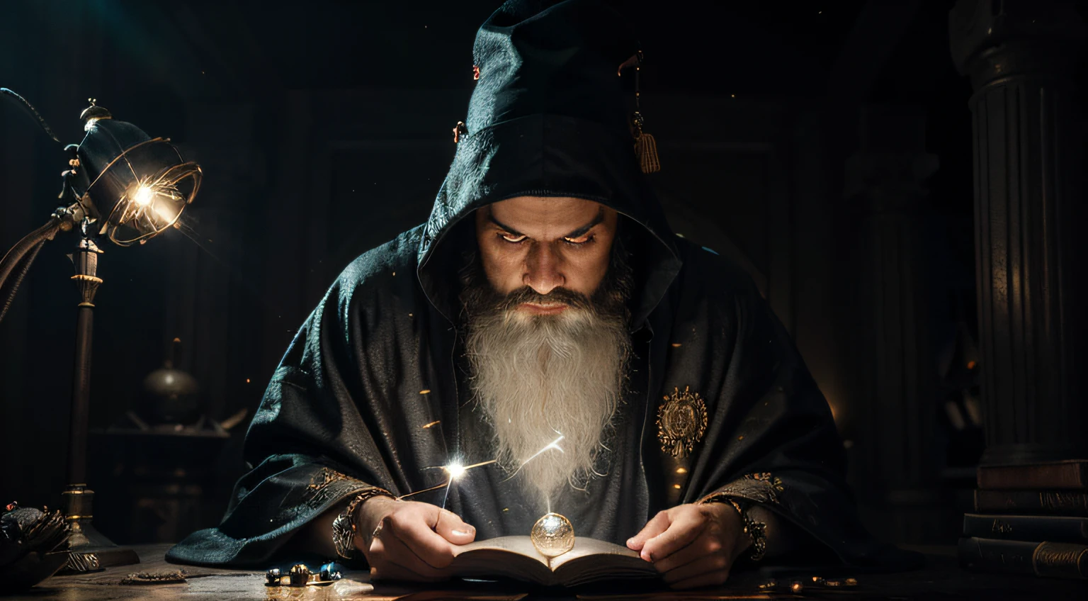 (master part: 1.2), (best quality), circunstanciado, UHD, Cinematic lighting, foco nítido, (illustration: 1.1), intrincado, mago antigo, wearing a wizard's robe and hat, Ponderando um orbe brilhante, em uma sala mal iluminada, Magician's Room, luzes brilhantes, luzes intermitentes,