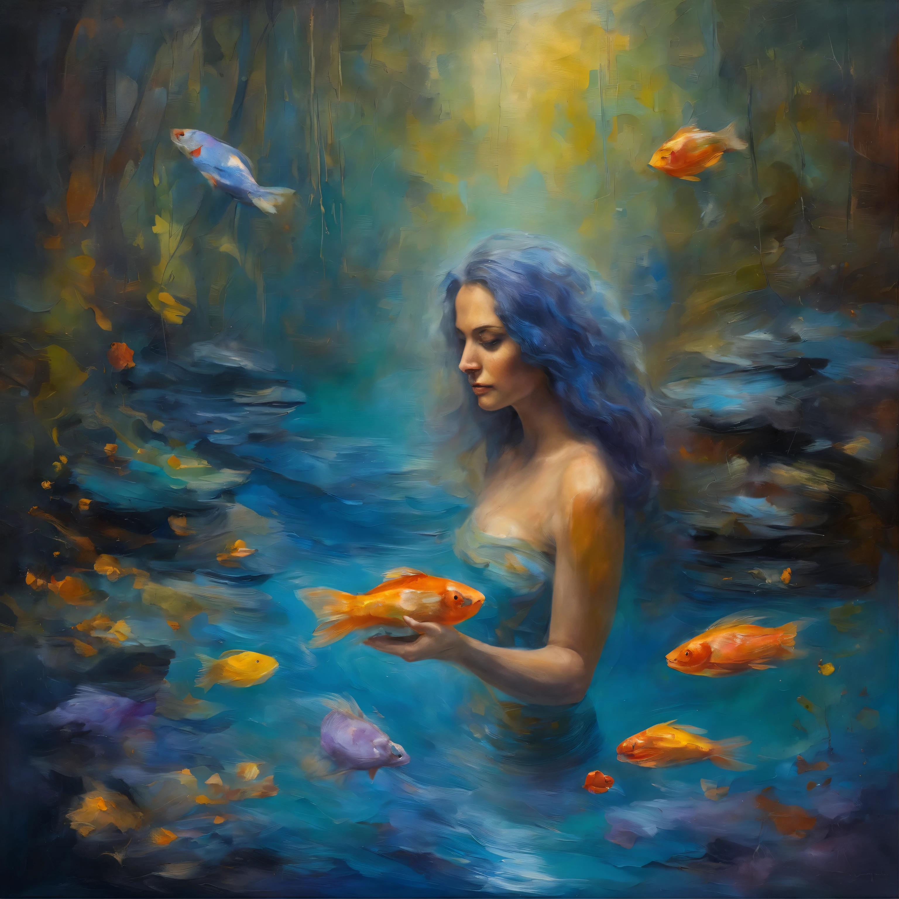 8 k young woman, with blue skin , dives into a pool inside an aquarium that is located in a forest, her body is blue, her eyes are lilac and her hair is straight and not abundant, curly in silver color she is in a deep dive in an atmosphere of light between the trees and the fish in the aquarium