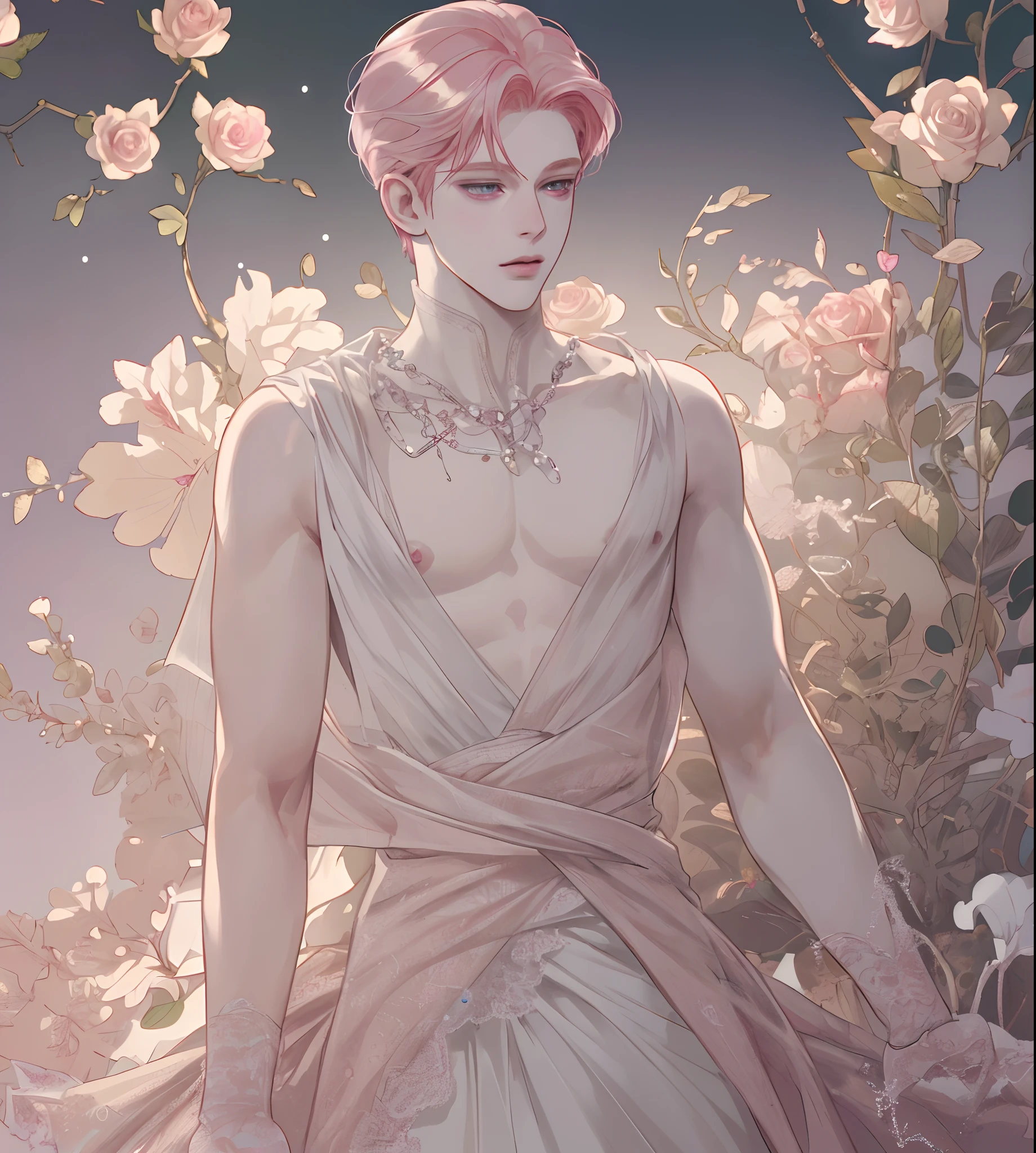 ((Retina)), masterpiece, anatomically correct, textured skin, pale rose haired MALE, perfect body, super detail, high details, high quality, best quality, highres, 4K, (Detailed Lights, Detailed Shadows), 1Man, pearl color, anime stile