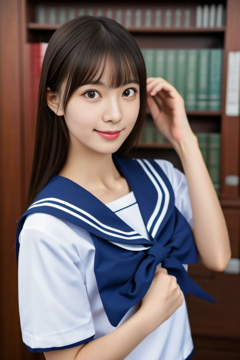 (8k, RAW photos, photorealistic: 1.25), Japan girls, cute smiling, (lip gloss, eyelashes, shiny face, shiny skin, top quality, ultra high resolution, depth of field, chromatic aberration, caustics, broadlighting, natural shading, kpop idol) Gentle and goddess-like happiness watching viewer, high school classroom, sailor suit, Micro mini skirt, sitting at the desk