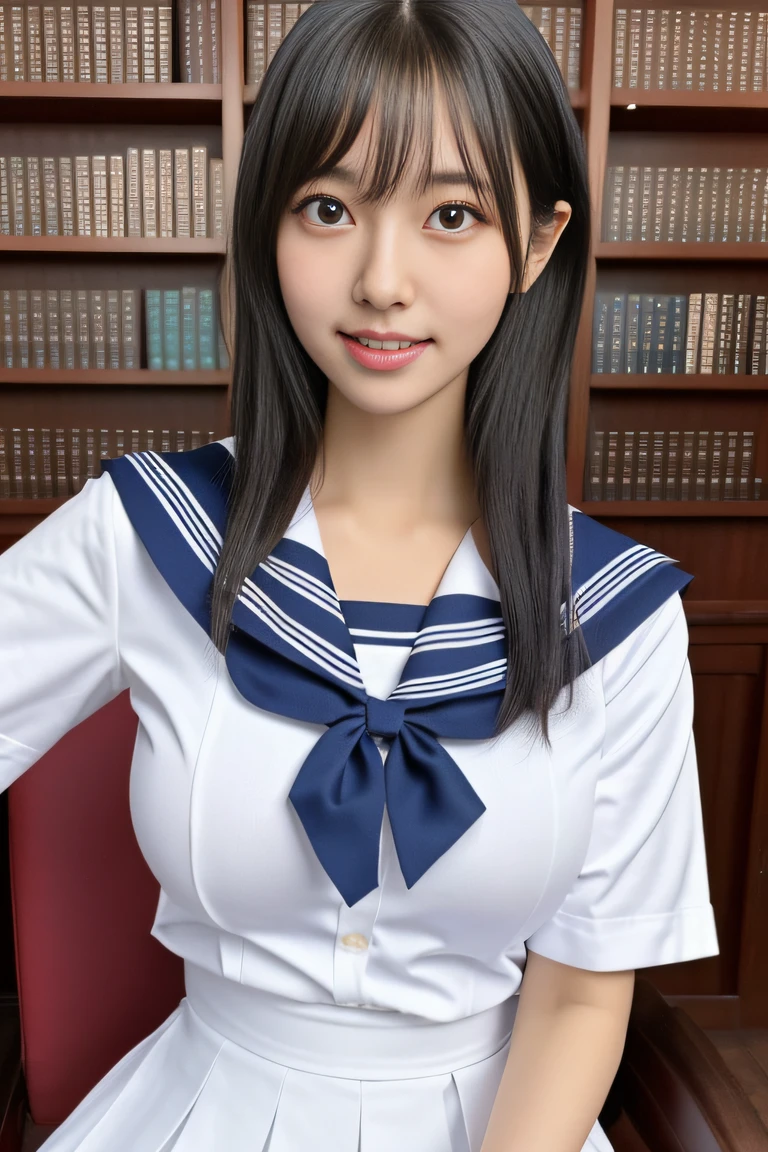 (((Draw only one woman: 2))), Beautiful 18 year old Japan woman, (High school girl in white sailor suit with short sleeves: 1.5), (Japan strict girls' school white sailor uniform:1.5), (( High school girl sitting on a chair in the library reading: 1.2)), ((1screen)), 8K, RAW shot, top quality photo, ​masterpiece, Nice realistic photos , ((Anatomically correct proportions: 1.5)), ((Perfect proportions)), Cute woman like an idol of Japan, Detailed face, Detailed eyes, Narrow Nose, Detailed hands and fingers, Detail Arm, Detailed skin, Detailed legs, short torso, Slender body, (shiny long hair: 1.5), (Large breasts: 1.5), Fit sailor suit、(Big breasts that are about to tear off their uniform:1.5)、(lecture:1.5)