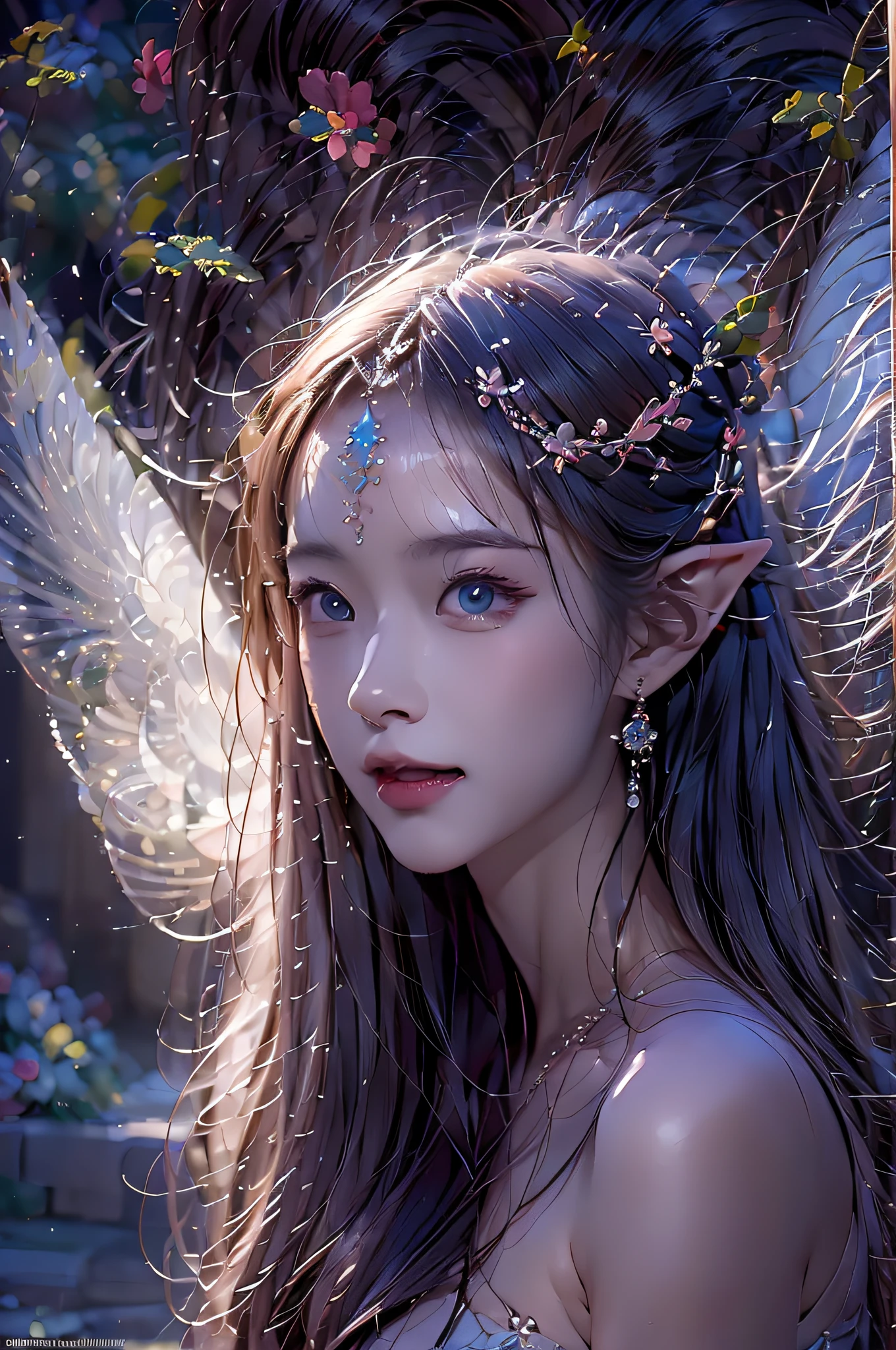 Beautiful demon girl,(best qualtiy,8K,tmasterpiece:1.3),Goose egg face,largeeyes,long eyelasher,With bangs,Cool handsome,Domineering,Exquisite(live-action realistic style),Star-like eyes,Ultimate face,Photorealistic light and shadow,Clear facial features,Milky white skin,Fair skin, highdetailskin, Realistic skin details, Visible Pore,(Super detail),Petite body,Carmelto, full bodyesbian,She wears long loose black hair and reaches her waist,(hair flowing), Smoothness,Huge wings,Crystal wings,(Super detail),Cloaked in simple armor,((dynamicposes)Suspended in the air),((Two ice planet backgrounds,Binary orbital flight,space,Sea of Stars)),((Dynamic background((Purple lightning)) ,Dramatic scenes