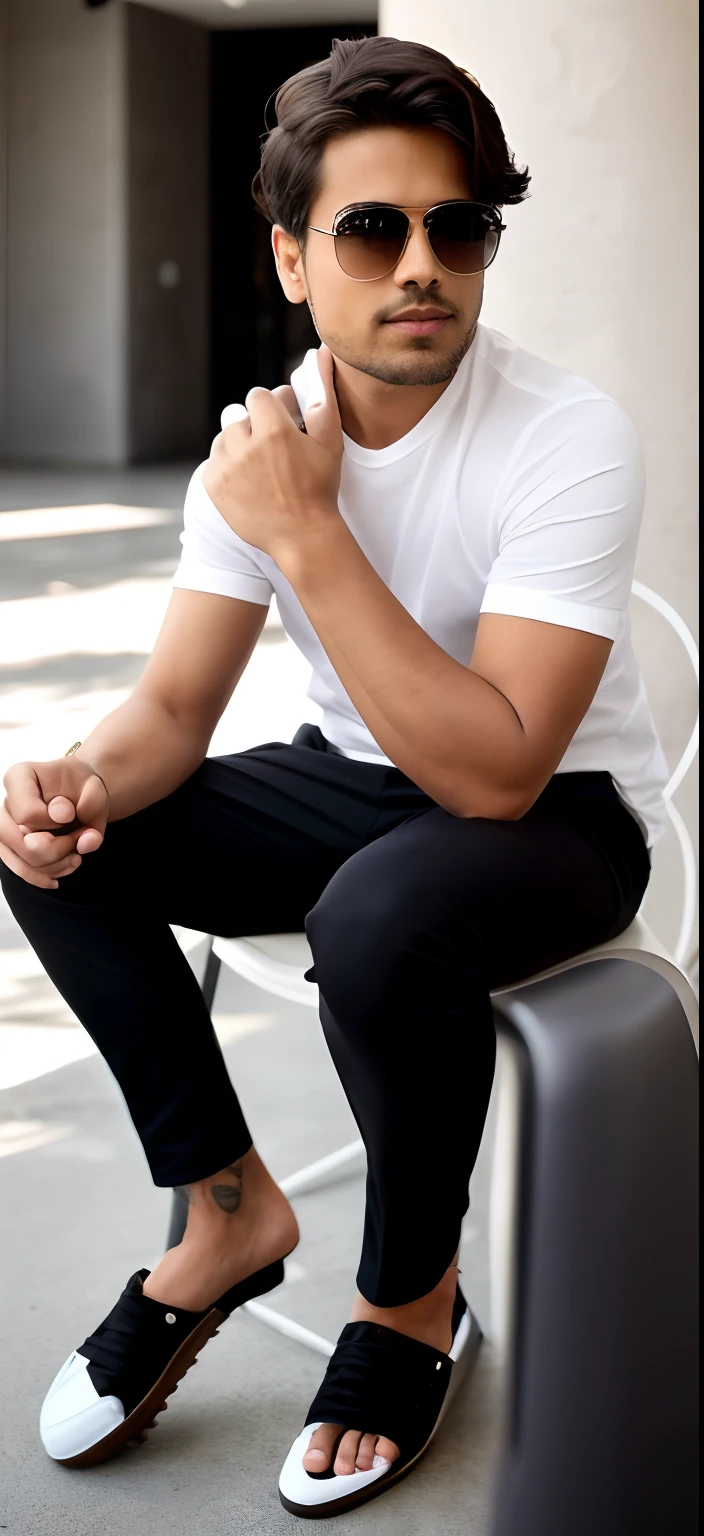 there is a man sitting on a chair with his hand on his chin, with a cool pose, cool pose, close-up shoot, doing an elegant pose, photo shoot, shooting pose, stylish pose, photo of a man, casual pose, very artistic pose, photoshoot, a photo of a man, sitting pose, wearing pants and a t-shirt