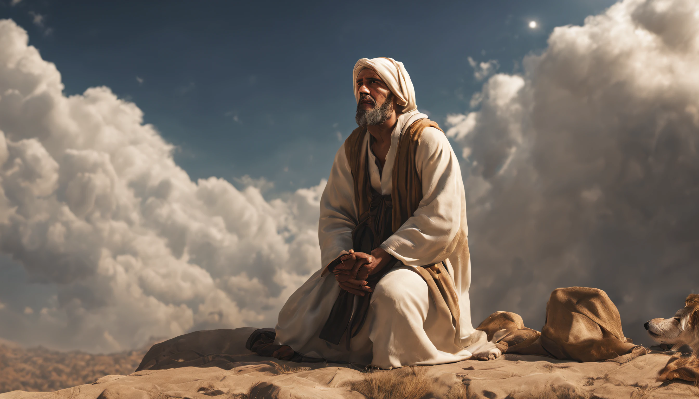 A male prophet named Jacob, on his knees, looking at the sky, and a population around him, photorealistic, 8k, Super Detail, accurate, best quality.