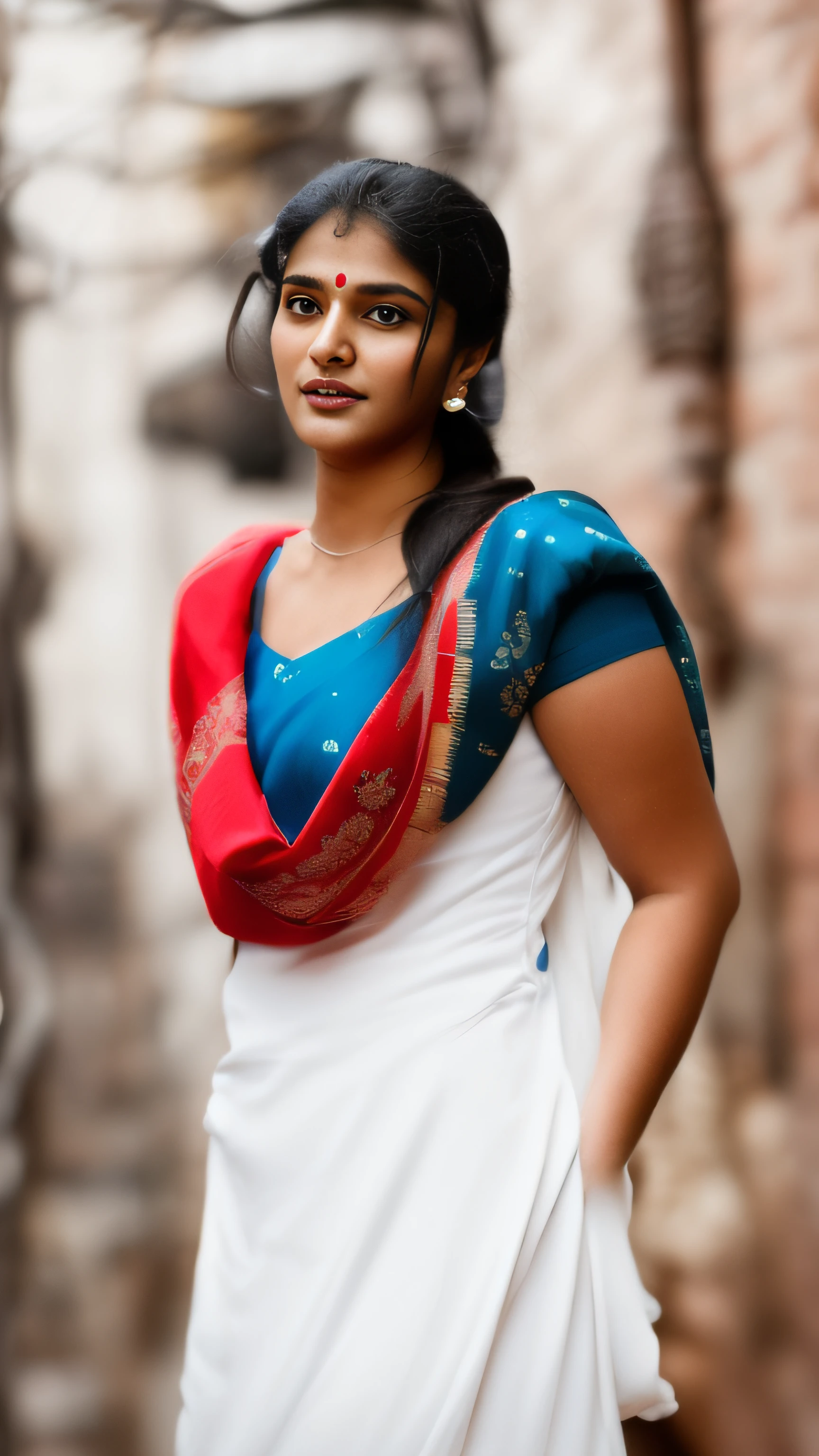 close up photo of 25 years old naked kiara in a classroom, no bra, swooping breasts, smile, deep cleavage, look at camera, blue and white scout uniform, banded pigtails, 4K, HD