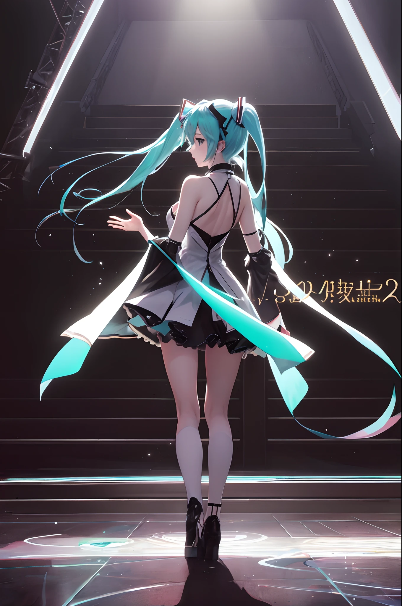 miku hatsune、outfits、Black tone、Volumetric lighting, Backlight, Night, singer, on a stage、、(hightquality)、volume illumination、
、volume illumination、
back lighting、natta、
back lighting、natta、doa
、(​masterpiece:1.2、hightquality)、(pixiv:1.4)、volume illumination、
back lighting、natta、