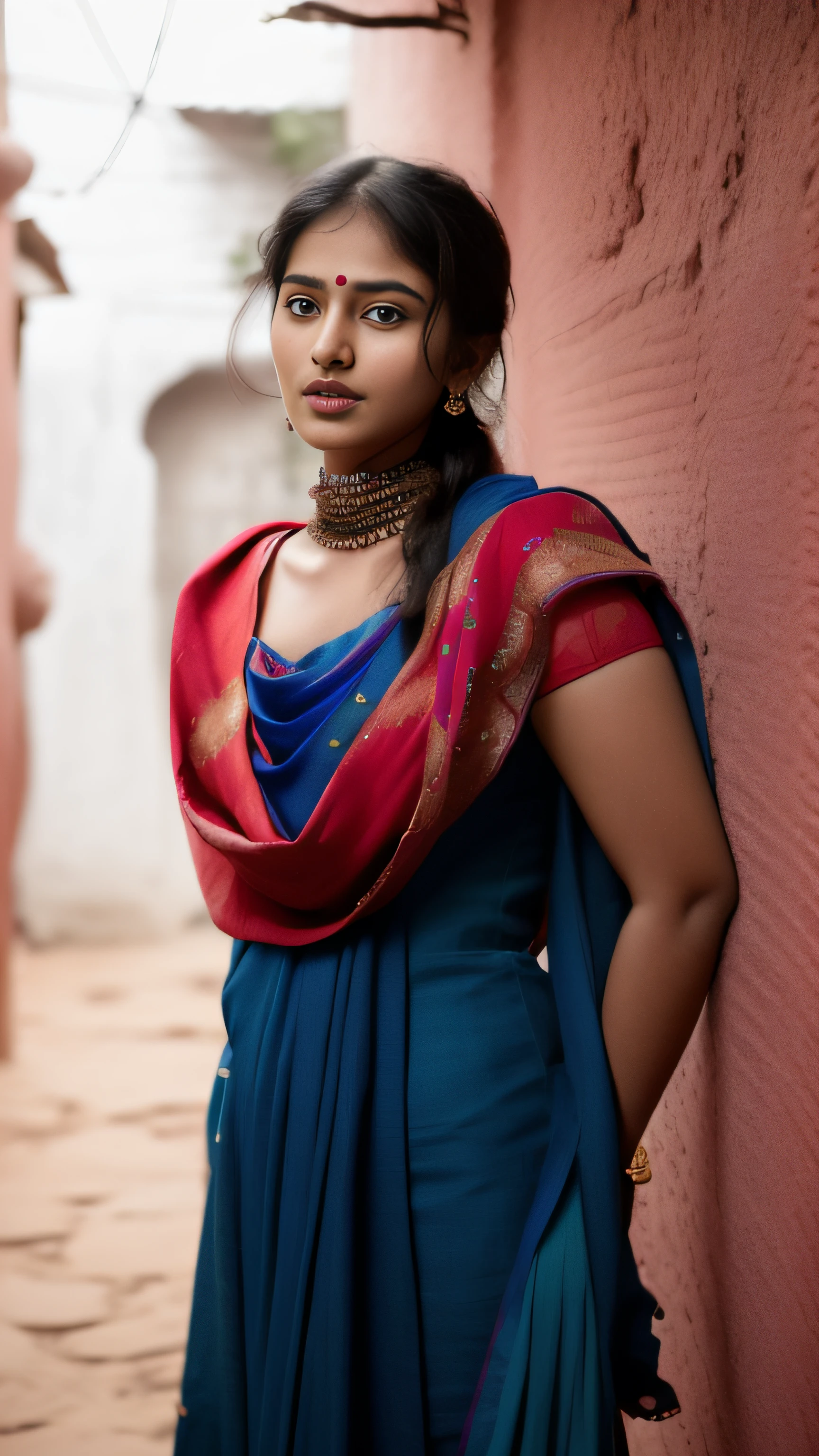 (A hyper-realistic), (illustratio), (hight resolution), (8K), (ighly detailed), (The best illustrations), (Beautiful detailed eyes), (top-quality), (ultra-detailliert), (masterpiece), (wall-paper), (indian female model)、(beautiful countenance)、(A dark-haired)、black long haired、Black eyes、Earrings with bangs、(((Cute indian Beautiful Girl)))、 ((20 year old indian beautiful girl in red dress and blue scarf))、 Seduction poses、(R-18), Looking at the camera