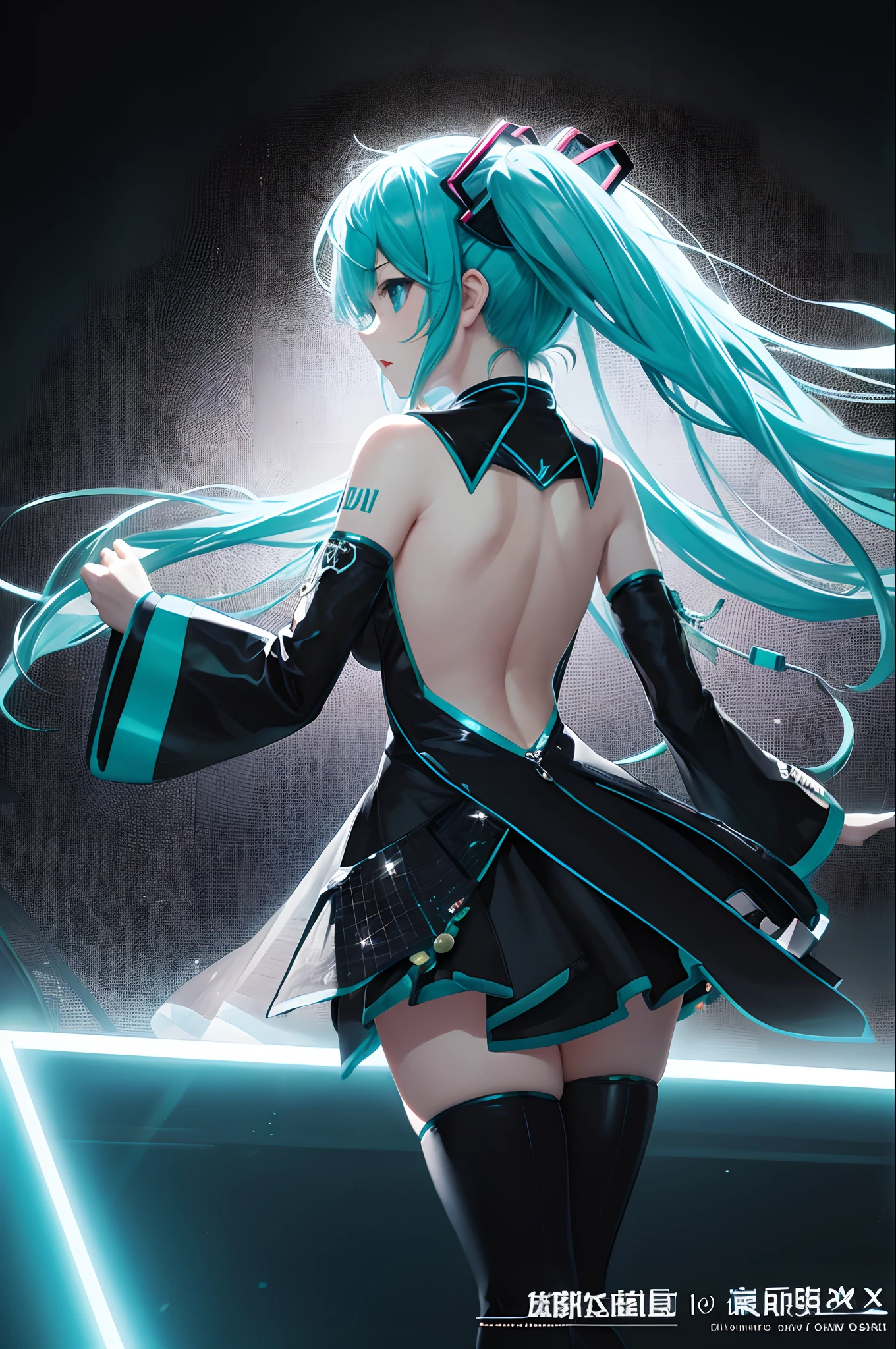 blue theme, Hatsune Miku portrait,masterpiece, magic , (impossible clothes:1.5), miniskirt, gradient background, silver blue hair, , blunt bangs,side lock, pink eyes, (ulzang-6500-v1.1:0.9), 中等breast, breast, Thigh clearance, hair accessories, Arched back, Black_witch_have,complex_Deco,mystery_fountain,luminescent_crystal