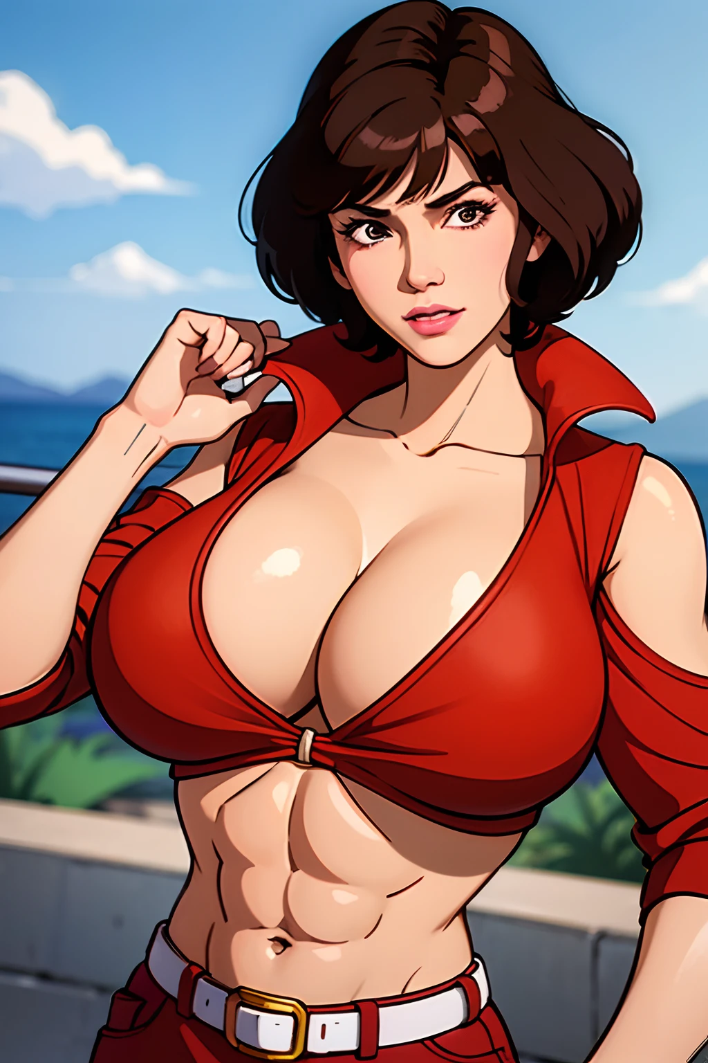 Cowboy shot, Karai, 1980s \(style of\), 1girl, muscle girl, brown hair, black hair, retro artstyle, Short hair, 独奏, , huge_tits, big biceps, abs, cleavage