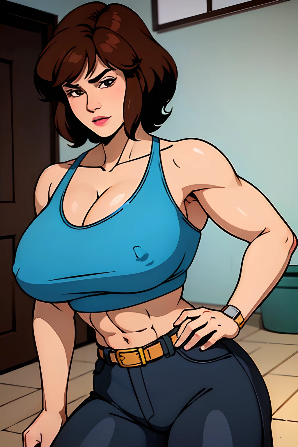 Cowboy shot, Karai, 1980s \(style of\), 1girl, muscle girl, brown hair, black hair, retro artstyle, Short hair, 独奏, , huge_tits, big biceps, abs, cleavage