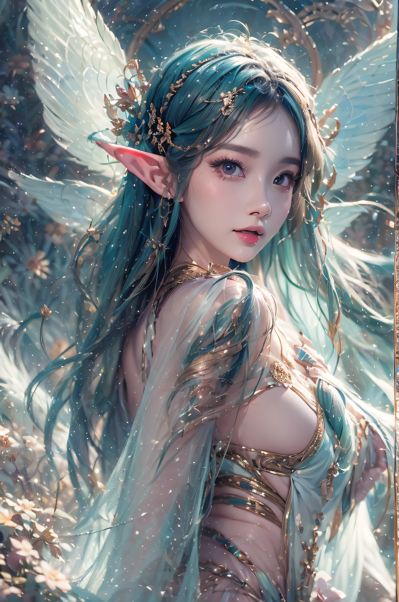 ( Absurd, High quality, Ultra-detailed, Masterpiece, concept-art, smooth, high detail artwork, Hyper-realistic painting ) , elf, Plum elf, plum , Transparent fairy wings, huge tit,low chest,fairytale-like, Romantic, Vivid, Whole body,hand behind back,Malu,largeeyes,(Eye focus),Cosmic eyes,Space eyes,In nature with waterfalls,pureerosface_v1,ulzzang-6500-v1.1,