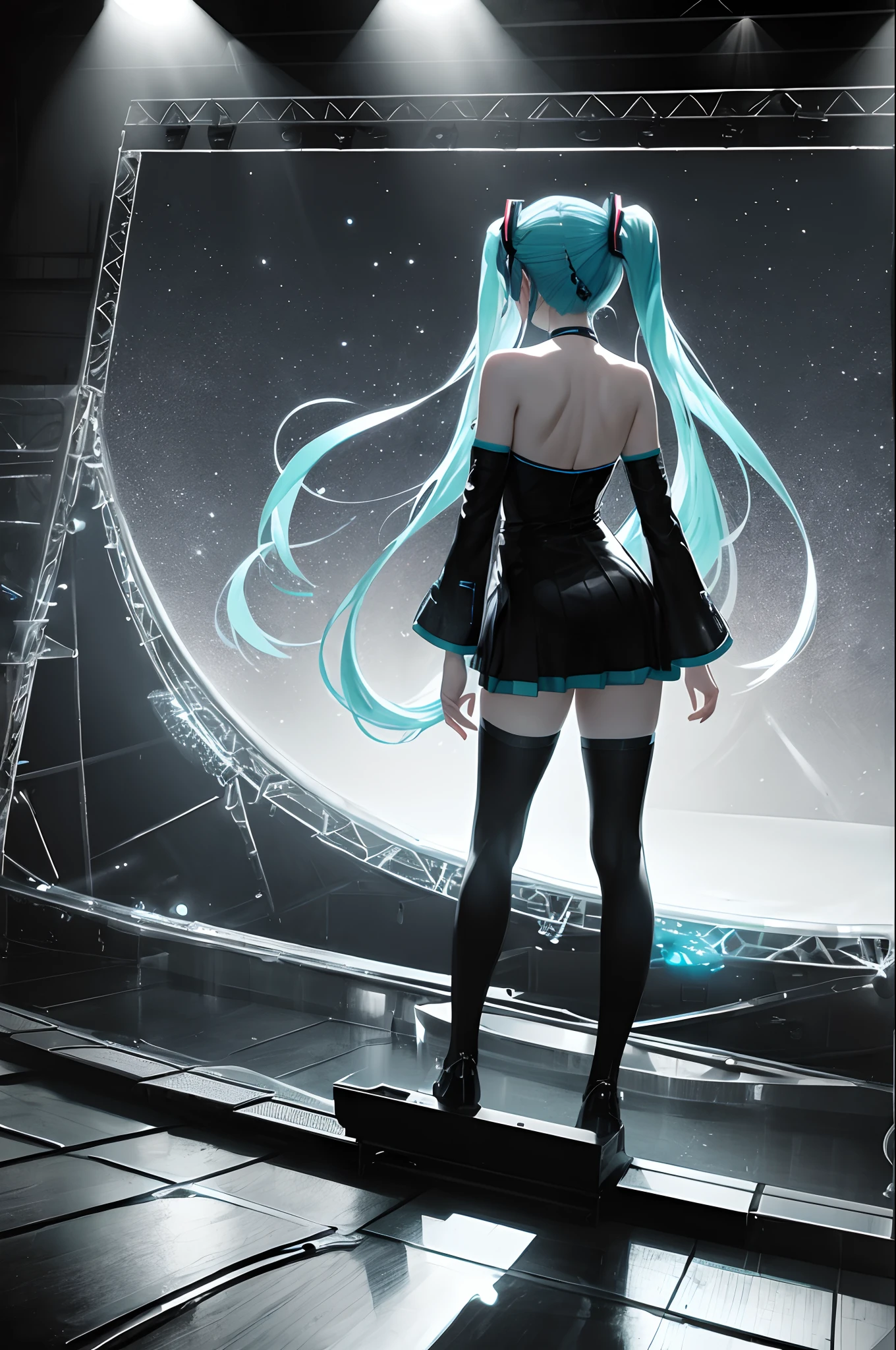 miku hatsune、outfits、Black tone、Volumetric lighting, Backlight, Night, singer, on a stage、、(hightquality)、volume illumination、
、volume illumination、
back lighting、natta、
back lighting、natta、doa
、(​masterpiece:1.2、hightquality)、(pixiv:1.4)、volume illumination、
back lighting、natta、