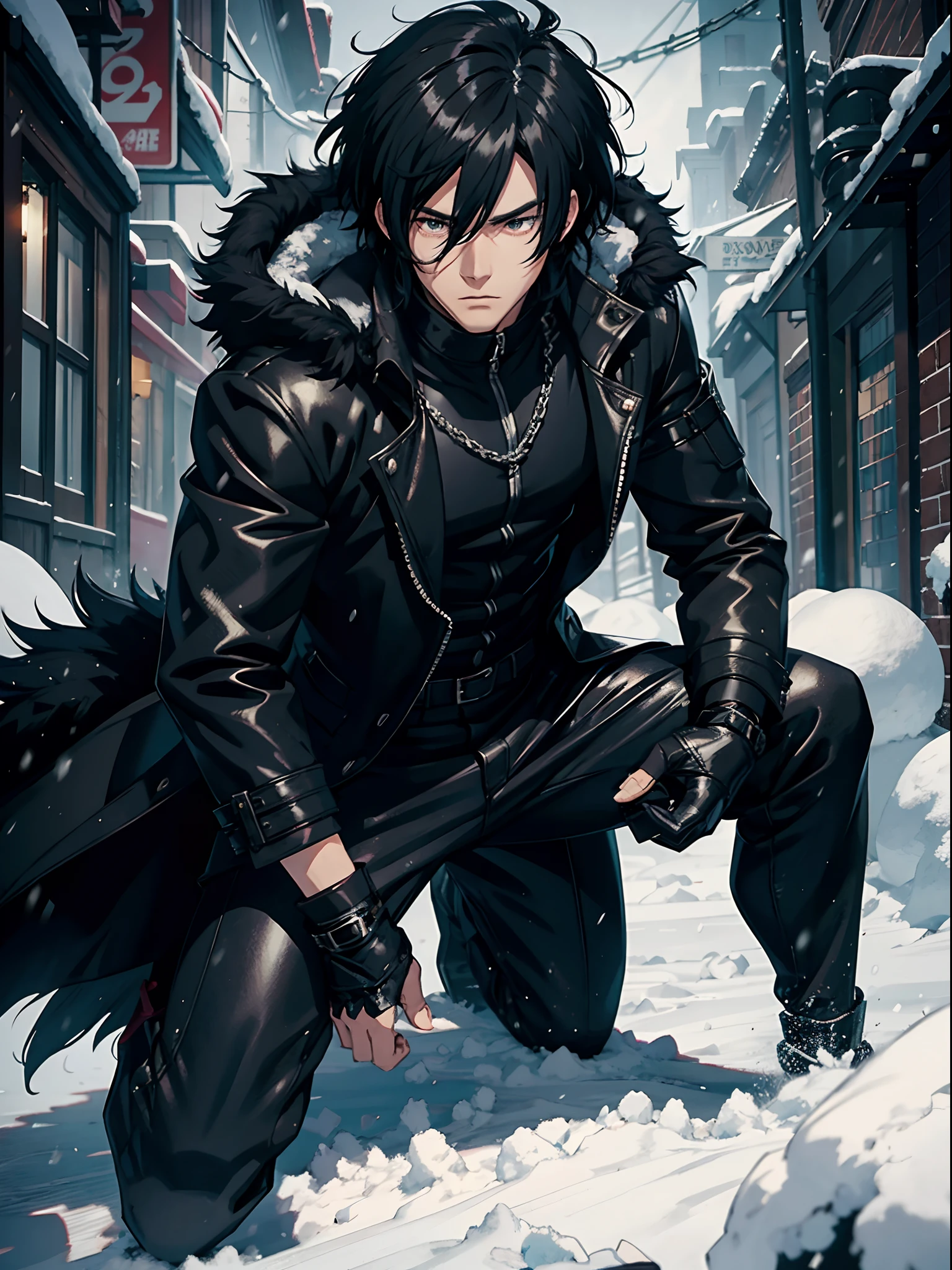 anime man, black shiny hair, black fur jacket, fluffy clothes, intense snowfall, snowstorm, chains