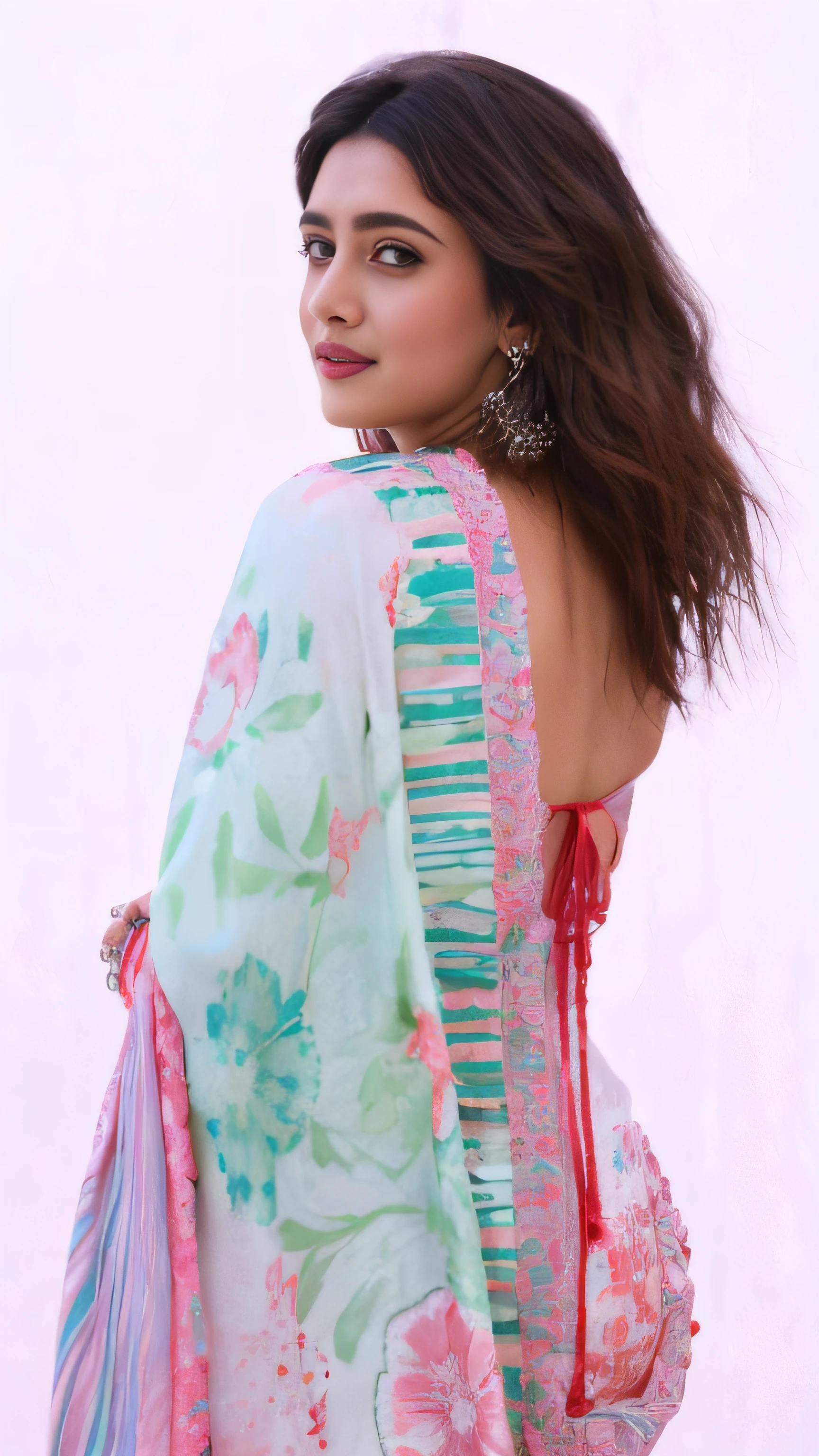 a close up of an indian actress priyanka, woman wearing a colorful dress and earrings, showing her shoulder from back, pale and coloured kimono, frilled blooming collar, close up half body shot, draped in fleshy green and pink, wearing pink floral chiton, with colourful intricate, backview, photo still of behind view, close-up shot from behind, wearing pink floral gown, ((film grain, skin details, high detailed skin texture, 8k hdr, dslr)), photography taken by sony DSLR, Hd image