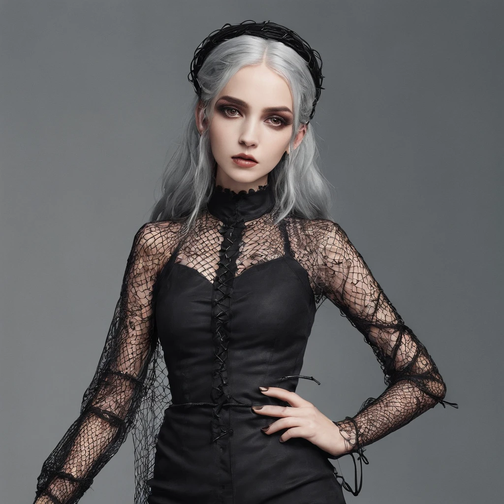 Girl with gothic net symbolic clothes, 。.com (Barbed wire of the body) brunette color hair,Gray hair ends, show full body from foot to head, very beautiful body and pose.