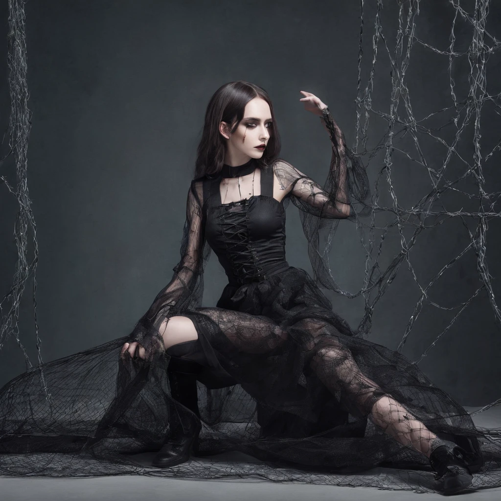 Girl with gothic net symbolic clothes, 。.com (Barbed wire of the body) brunette color hair，Gray hair ends, show full body from foot to head, very beautiful body and pose.