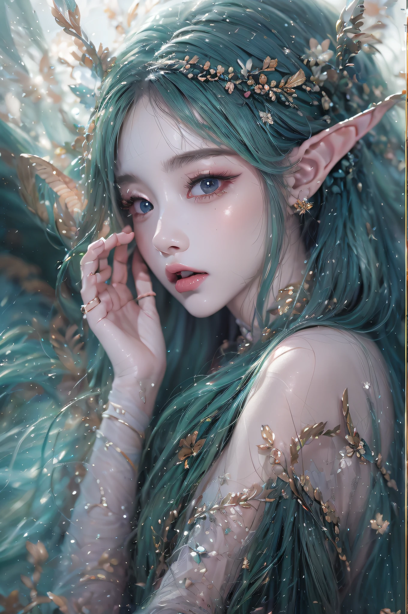 ( Absurd, High quality, Ultra-detailed, Masterpiece, concept-art, smooth, high detail artwork, Hyper-realistic painting ) , elf, Plum elf, plum , Transparent fairy wings, huge tit，low chest，fairytale-like, Romantic, Vivid, Whole body,hand behind back，Malu，largeeyes，Wide eyes，（Eye focus），sface focus，Cosmic eyes，Space eyes，In nature with waterfalls，pureerosface_v1，ulzzang-6500-v1.1，