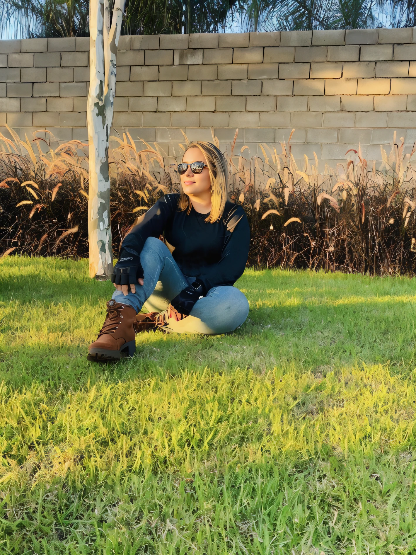Araffe sitting on the grass in front of a tree, sitting on ground, sentado em um joelho na grama, sentado na grama verde, sentado em um campo, sitting under a tree, Hora do dia ensolarado, lindo dia ensolarado, deitado na grama, fotografia casual, na grama, sentado em um campo de cannabis